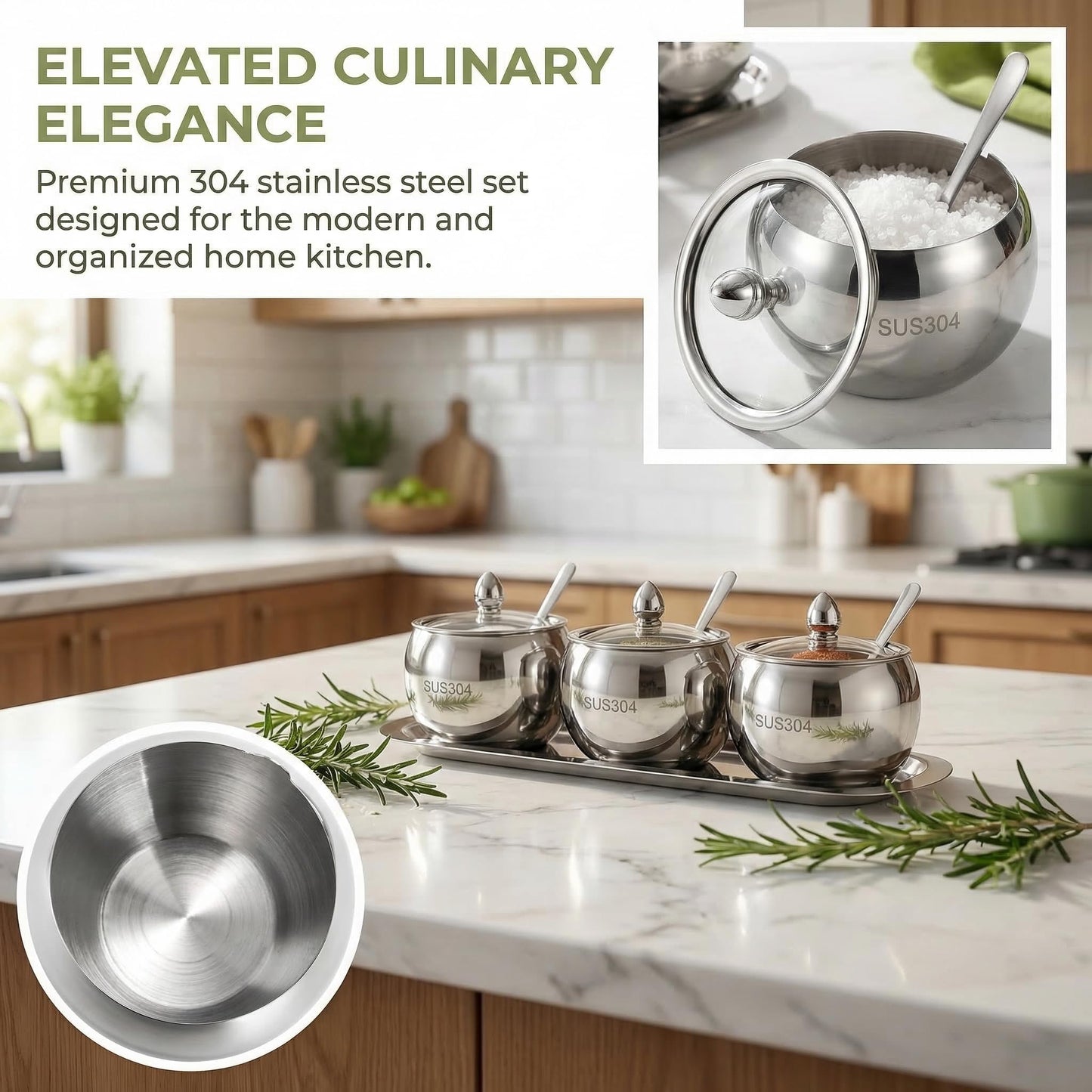 Hedume 3 Grids 304 Stainless Steel Seasoning Containers Set with Lid Spoon and Tray, Condiment Jar Spice Container, Condiment Canisters Pots for Serving Sugar, Pepper, Salt, Spice