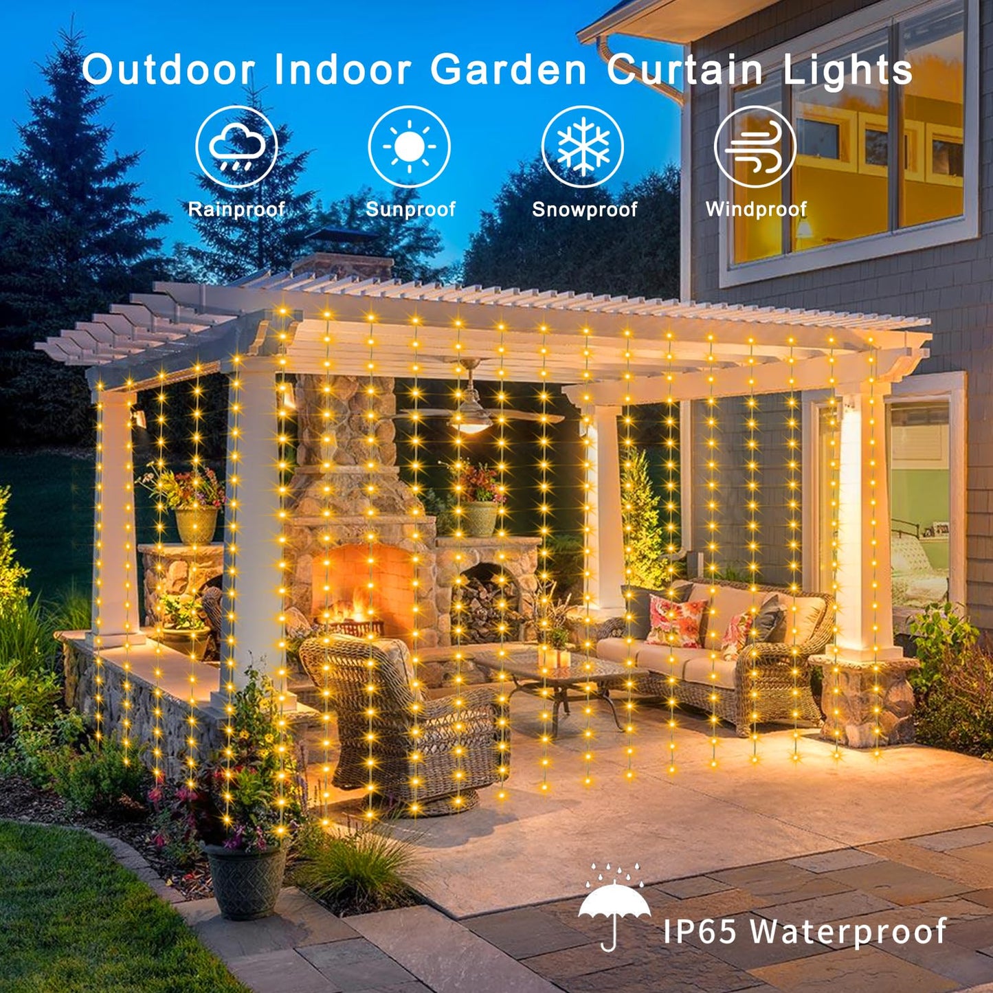 echosari Solar Curtain Lights 7.9ft x 6ft 144 LED Outdoor Curtain Lights Waterproof with Timer 8 Modes for Christmas Garden Patio Fence Wedding Wall Window Gazebo Decor - Warm White