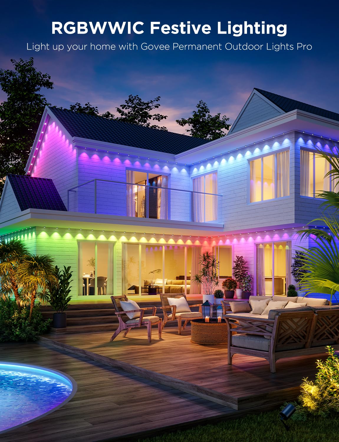Govee Permanent Outdoor Lights Pro, 200ft with 120 RGBIC LED Lights for Daily and Accent Lighting, 75 Scene Modes for Outdoor Decor, IP67 Waterproof, Works with Alexa, Google Assistant, Matter, Black
