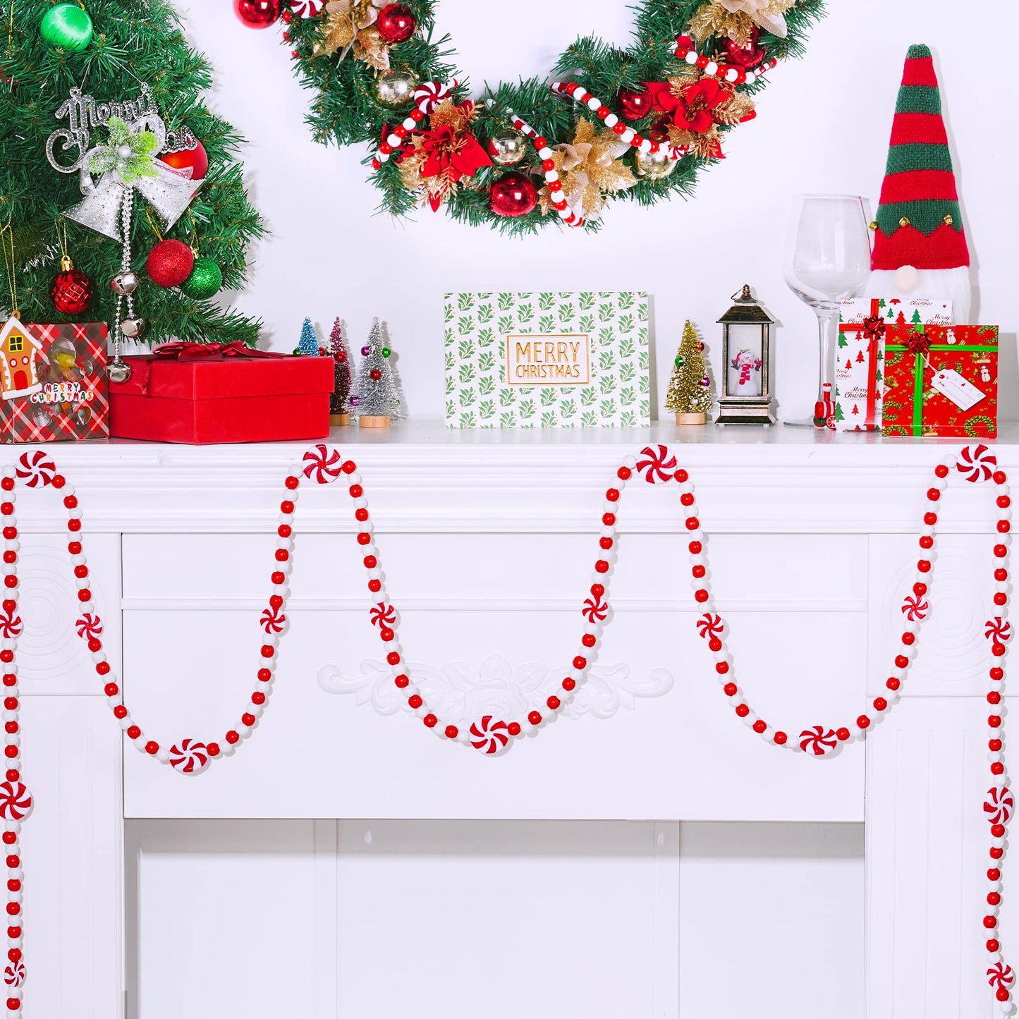 obmwang 10 Feet Christmas Wooden Bead Candy Garland Red and White Peppermint Candy Bead Garland for Xmas Party Supplies Holiday Decor