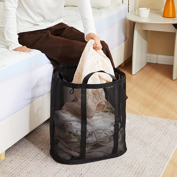 Mesh Laundry bag with Handles, 42L Collapsible Laundry Basket with 2 Hooks
