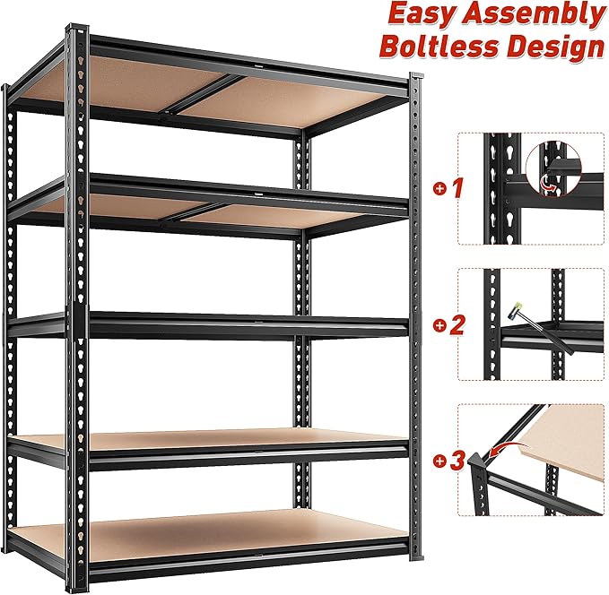 REIBII 2400LBS Storage Shelves 5 Tier Garage Shelving Heavy Duty, Adjustable Metal Shelving, Garage Shelves for Basement, Warehouse, Pantry, Closet, Kitchen 72" H x 35.55" W x 16" D, Black, 4 Pack