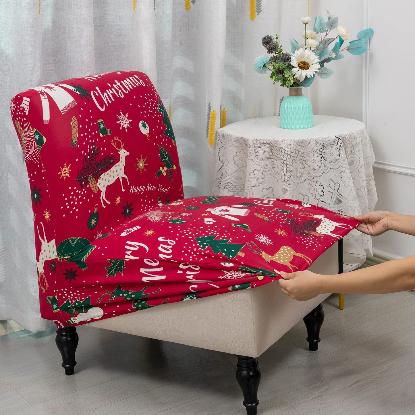 Liykimt Stretch Spandex Slipcover for Armless Accent Chairs - Removable Furniture Protector Fits Living Room, Dining Room & Hotel Use (Christmas Red, Single Pack)
