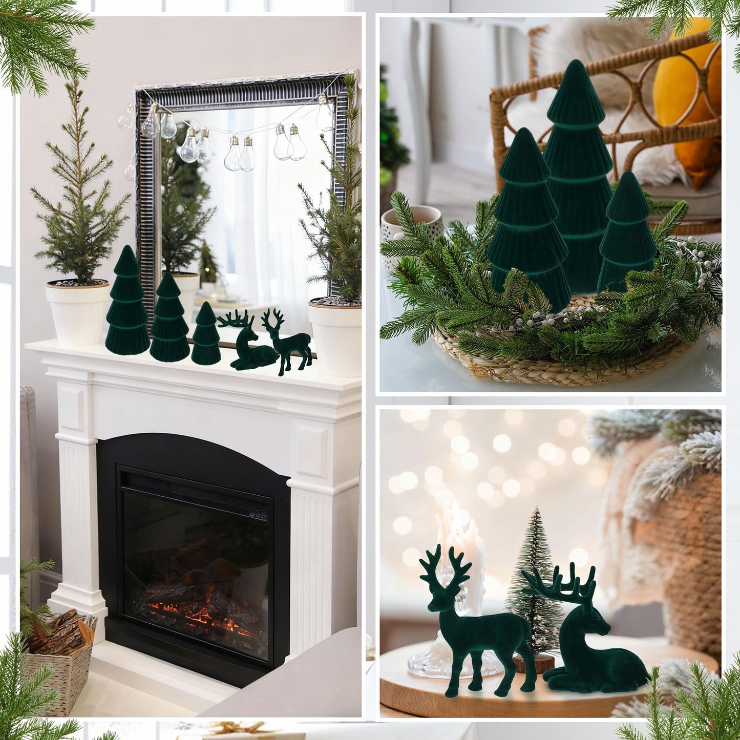 Amyhill 5 Pack Christmas Velvet Reindeer & Tree Decor Christmas Reindeer Decor Tree Figurine for Indoor Home Decoration Tabletop Mantle Cabinet Desktop Office(Green)