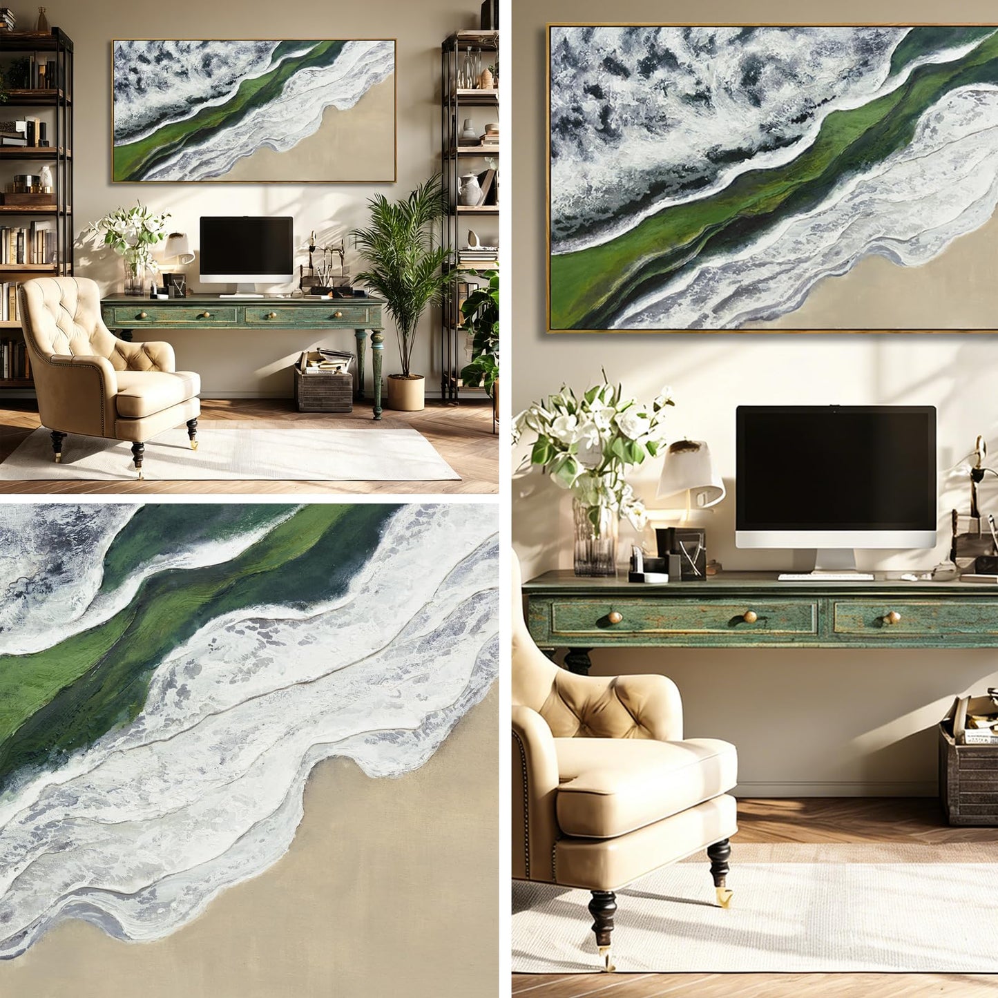 Sage Green Wall Art Abstract White Green Beach Wave Wall Decor Framed Canvas Prints Posters Pictures Artwork 24"x48" Ready to Hang