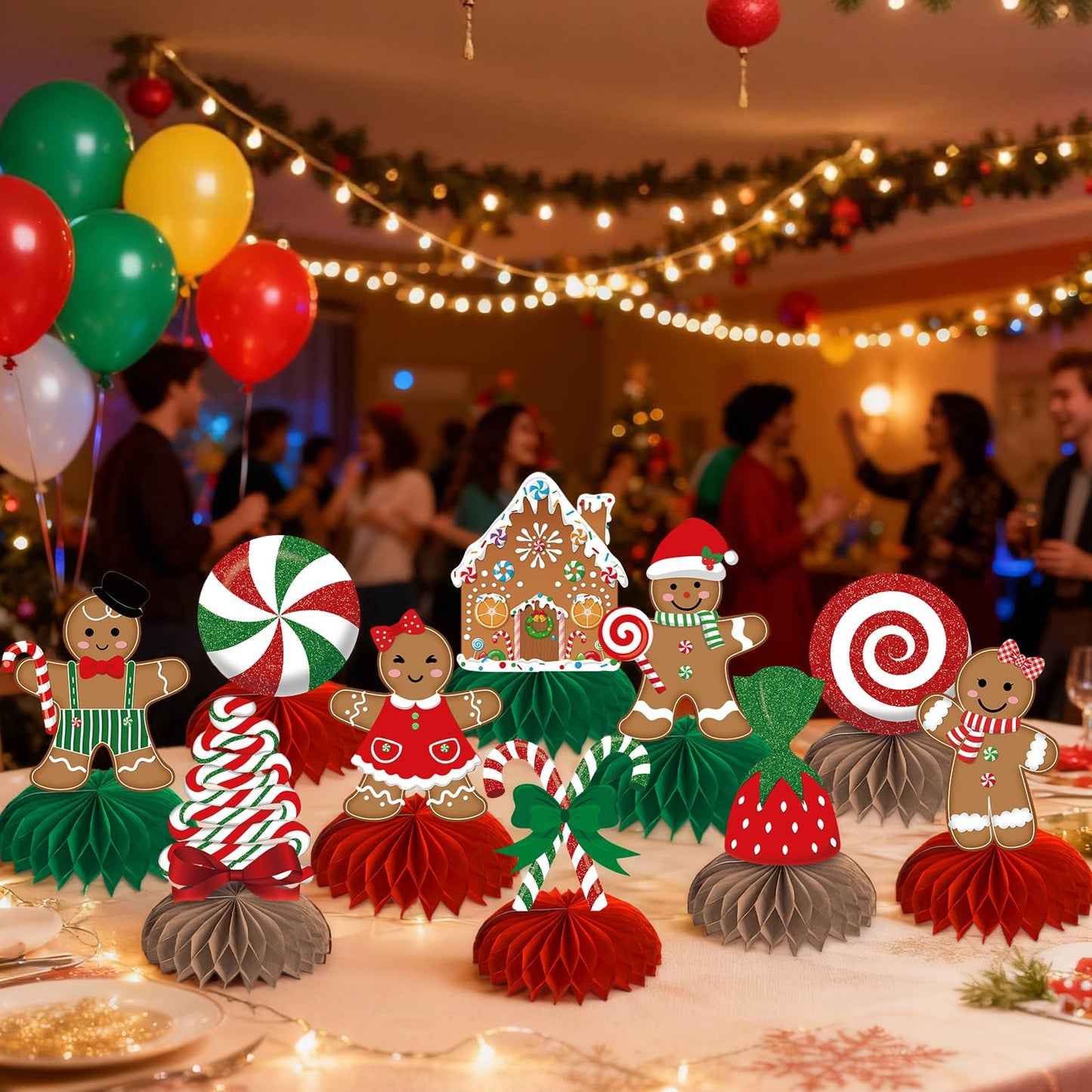 Gingerbread Christmas Party Table Decorations Centerpieces,10pcs Paper Gingerbread Man House Lollipops Candy Canes Honeycombs for Xmas Winter Holiday Birthday Party Decor Supplies
