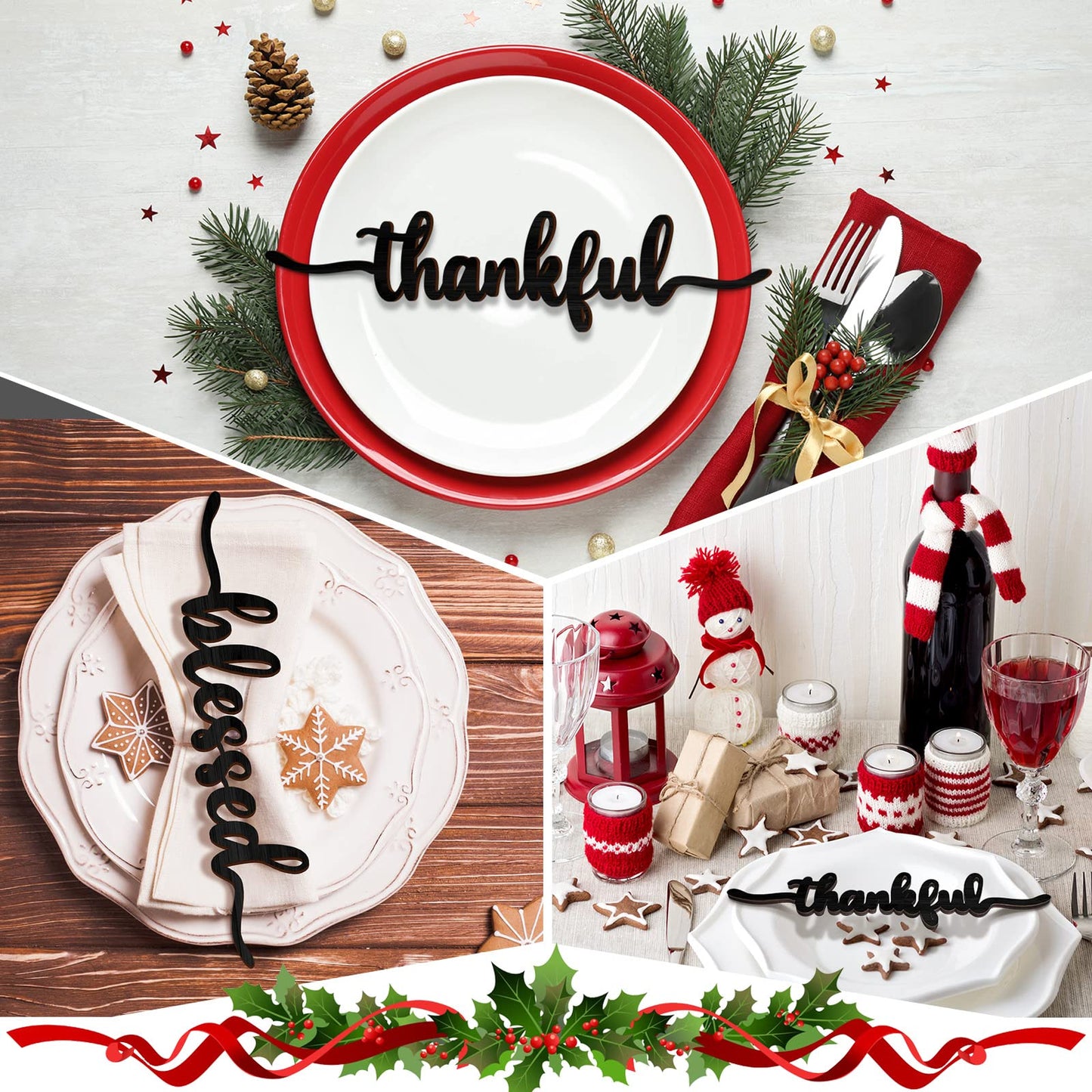 12 Pieces Christmas Word Wood Cutout Joyful Merry Thankful Grateful Blessed Peace Gather Word Sign Christmas Plate Cutout Rustic Merry Signs for Home Table Plate Decoration