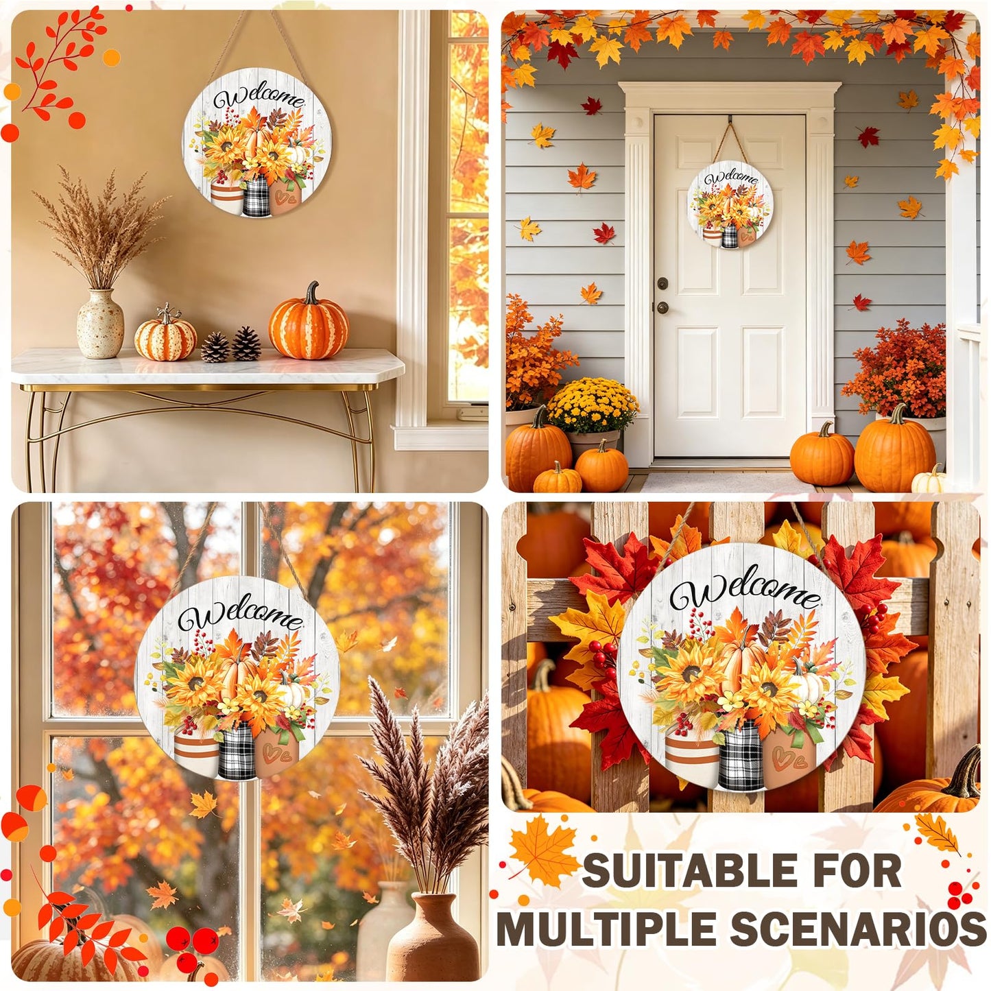 Harooni Fall Welcome Sign Door Sign 12"x12" Rustic Fall Decorations Hanging Door Sign Thanksgiving Farmhouse Welcome Round Wooden Sign for Home Front Door Wall Porch Yard Garden