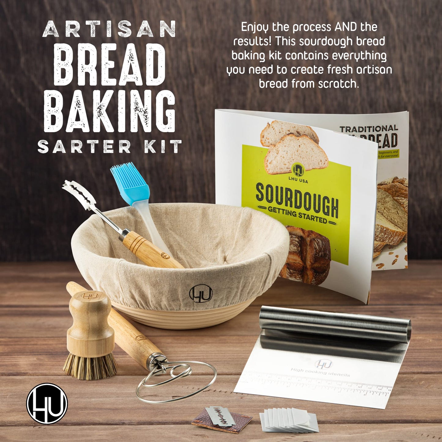 Sourdough Start Kit - Sourdough Bread Baking Supplies with Banneton Bread Proofing Basket Bowl, Cloth, Whisk, Bread Lame, Dough Scraper, 2 Brushes - Sourdough Starter Kit Bread Making & Baking Tools