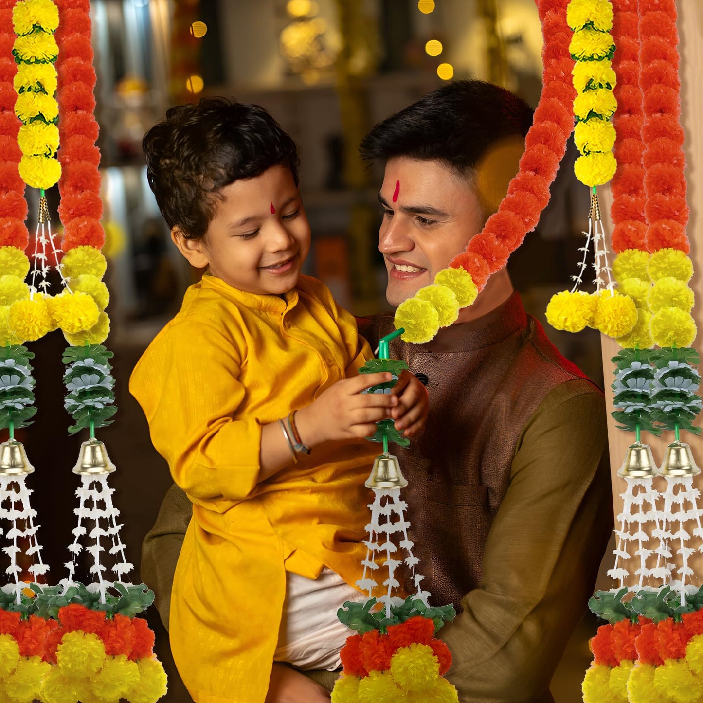 11PCS Diwali Decorations Marigold Garland for Home, Artificial Marigold with Bells and Leaves Long Strands for India Wedding, Pooja Decor, Marigold Flowers for All Year Decoration