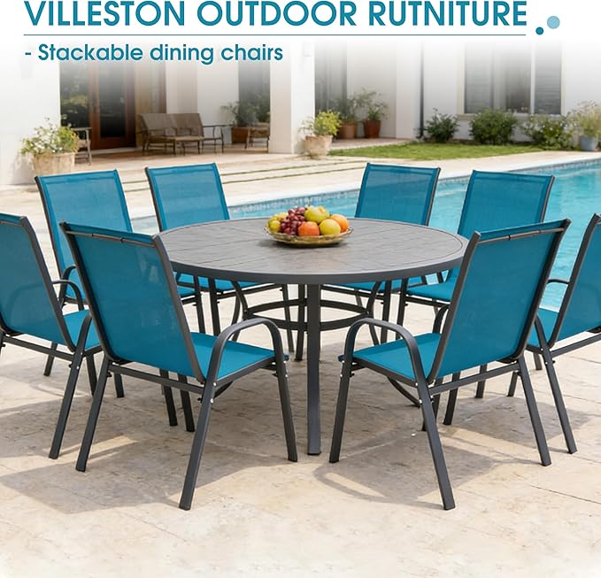 Outdoor Stackable Chairs Set of 8, Stacking Patio Chairs with Textilene Fabric, Outside Furniture for Garden Backyard Balconie Poolside Deck, Blue