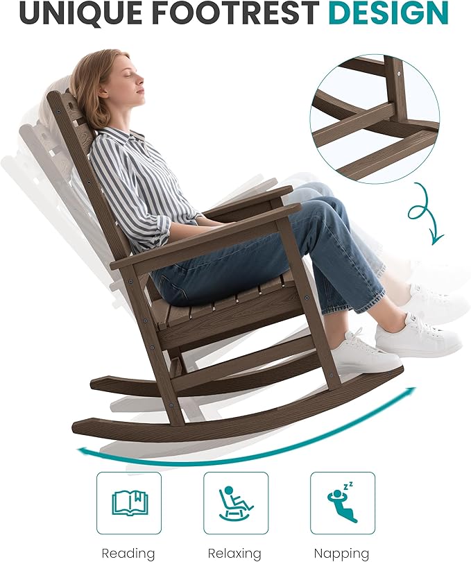 SERWALL Outdoor Rocking Chair, Oversized Rocking Chair with Footrest for Adults, HDPE All Weather Resistant Rocking Chairs for Patio, 350lbs Weight Capacity, Coffee