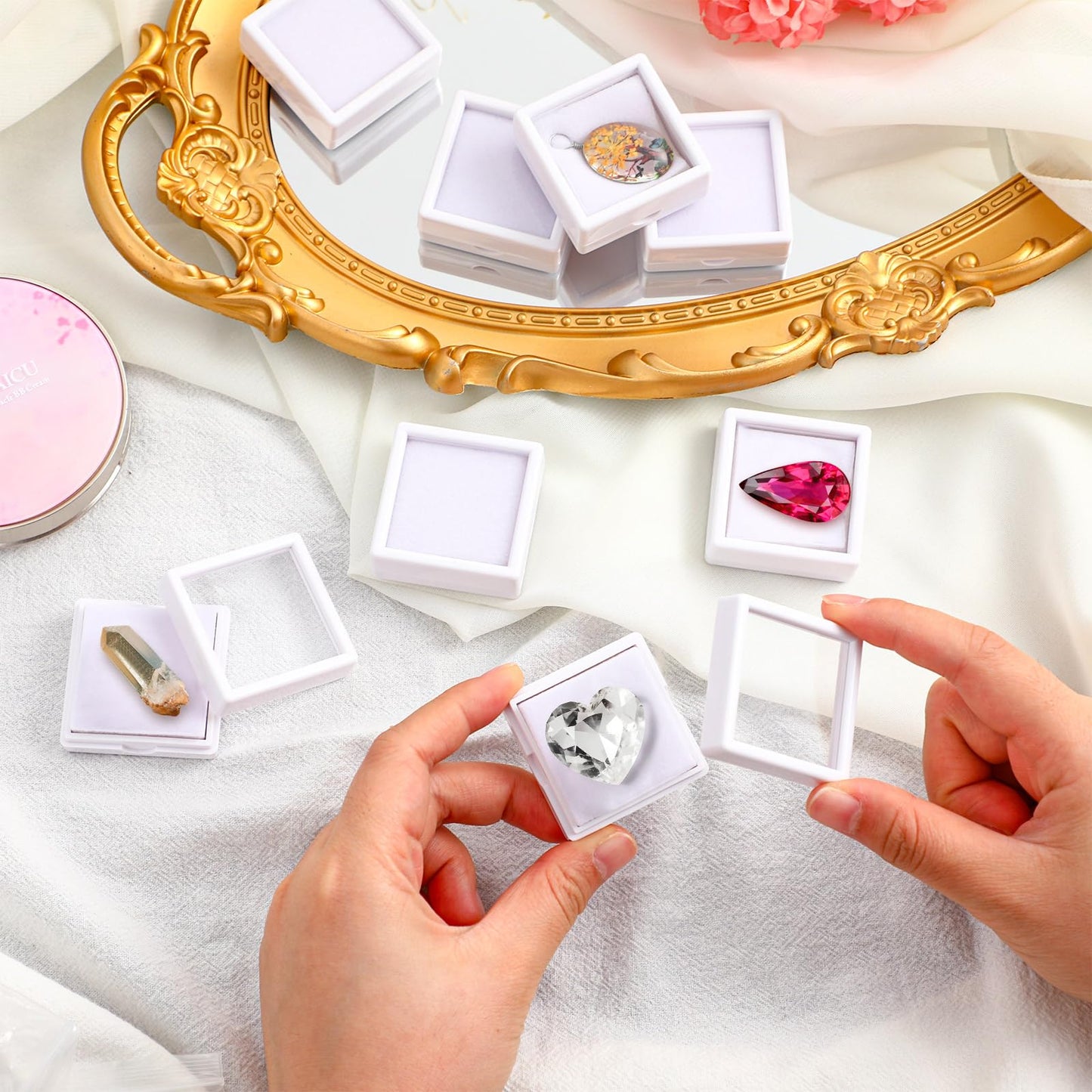 Kigley 30 Pcs Gemstone Display Box Jewelry Box Container with Clear Top Lids Bulk 1.57'' x 0.6'' for Gems Diamond Coins Gift Packing Ring Home Shop (White)