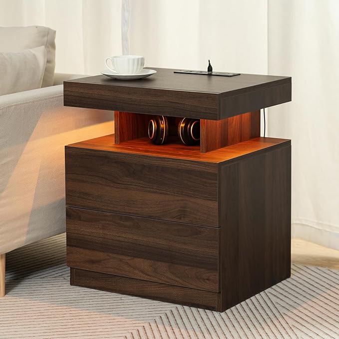HOMMPA Rustic Nightstand with Wireless Charging Station LED Bedside Table with