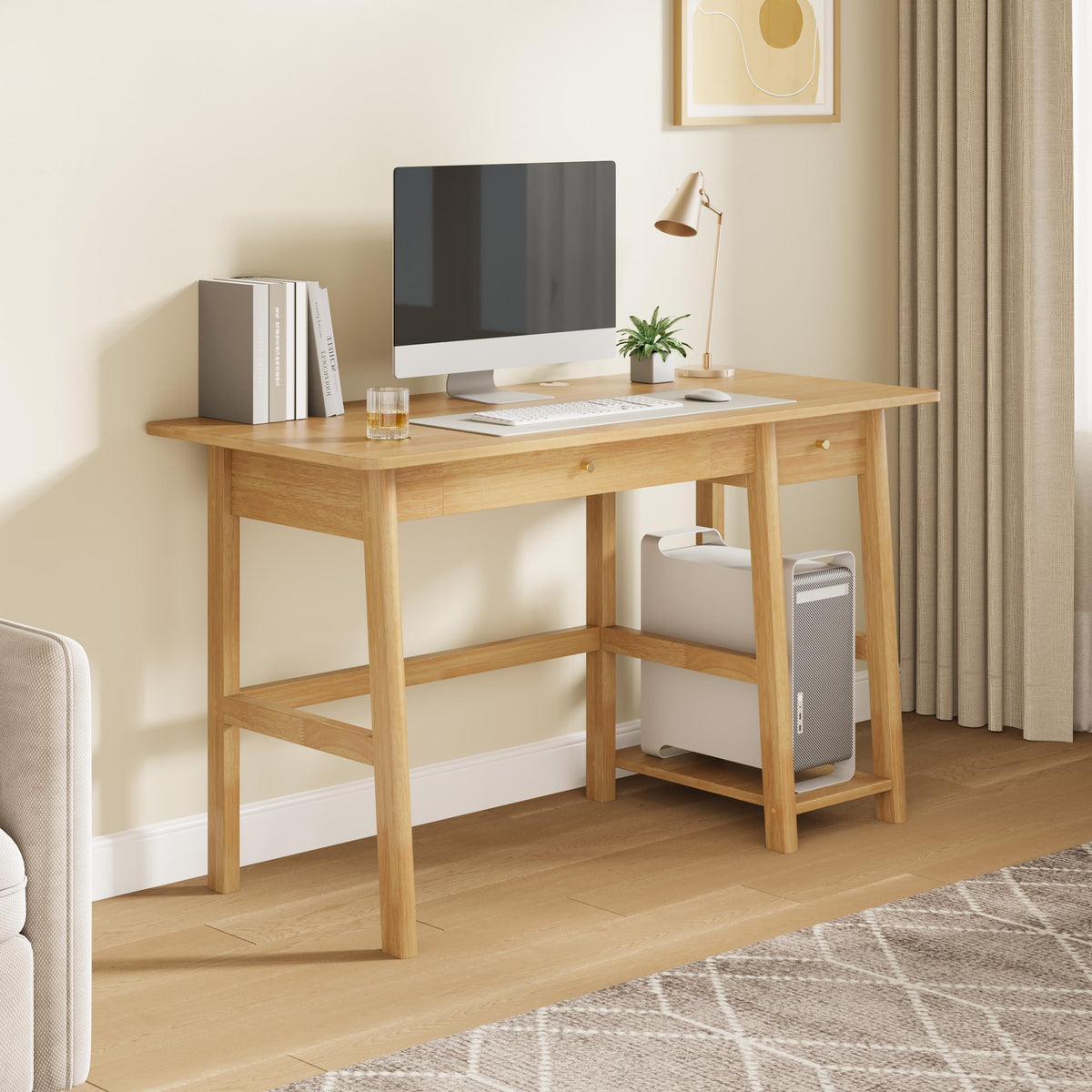 NELYE Solid Wood Desk with Drawer - 52 Inch Modern Writing and Computing Workstation for Home Office in Oak