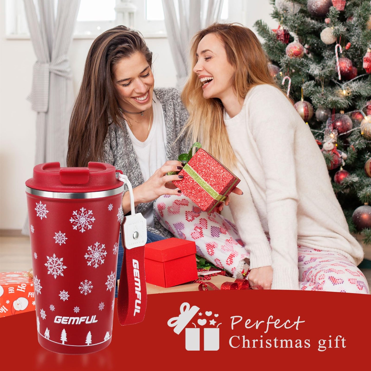 GEMFUL Chirstmas Coffee to go Cup for Her or Him 17oz Double Walled Vacuum Leak Proof Travel Coffee Mug for Hot Drinks (Red)