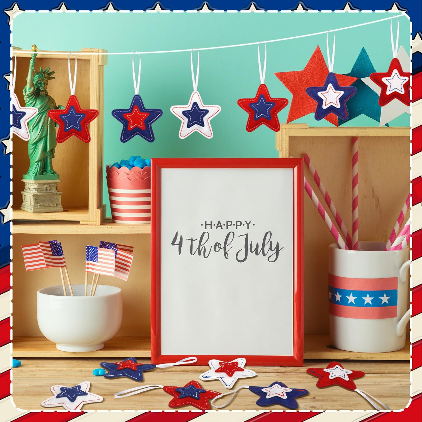 Geelin 18 Pcs 4th of July Ornaments Felt Star Patriotic Red White Blue Decoration for Tree 250th Anniversary Tree Decorations Red Blue White 3.14 Inch Hanging Stars for Party Decor(Classic Style)