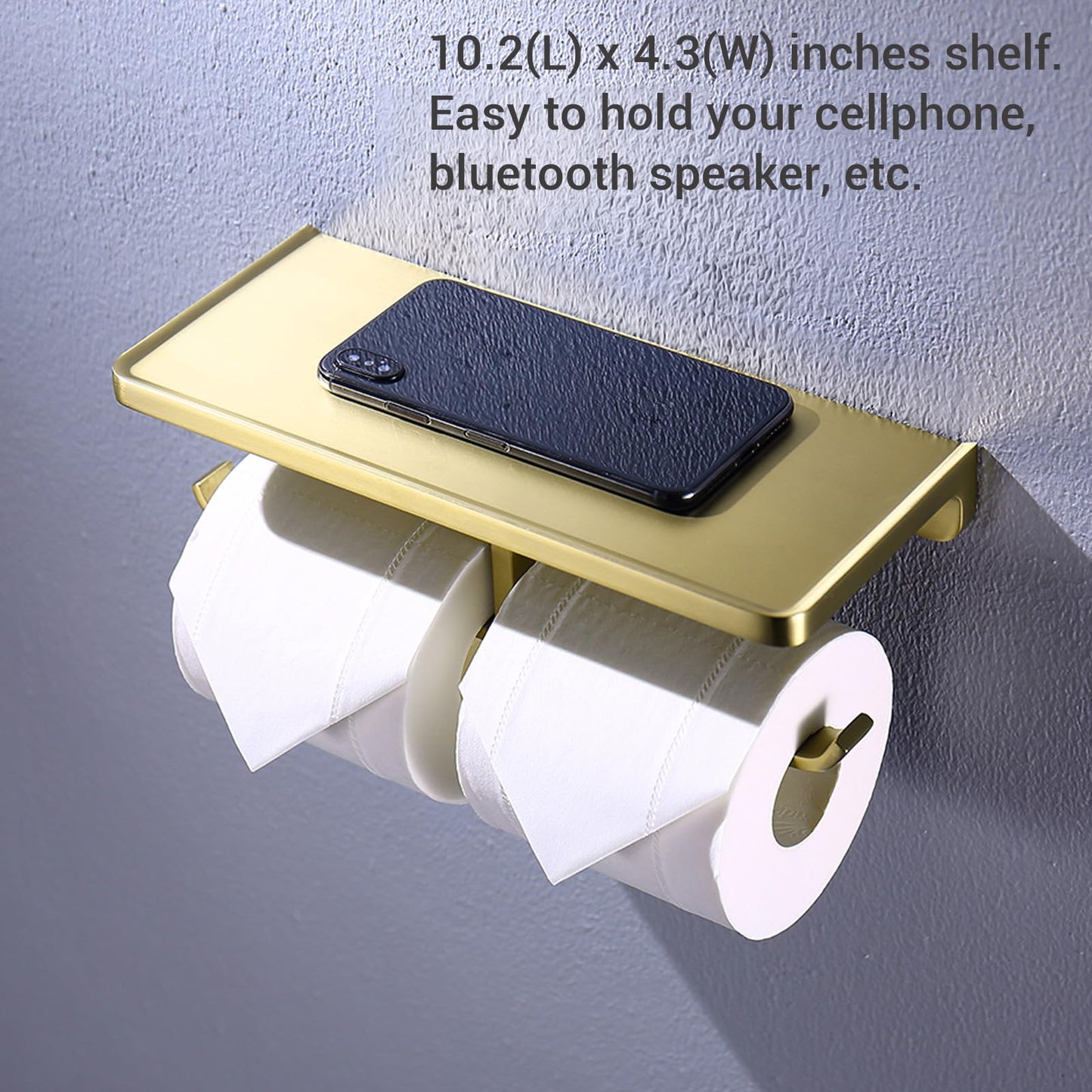 Dual Roll Toilet Paper Holder with Phone Shelf, Solid Metal Bathroom Accessory Tissue Dispenser Storage Wall Mounted, Spot Resist, Brushed Gold