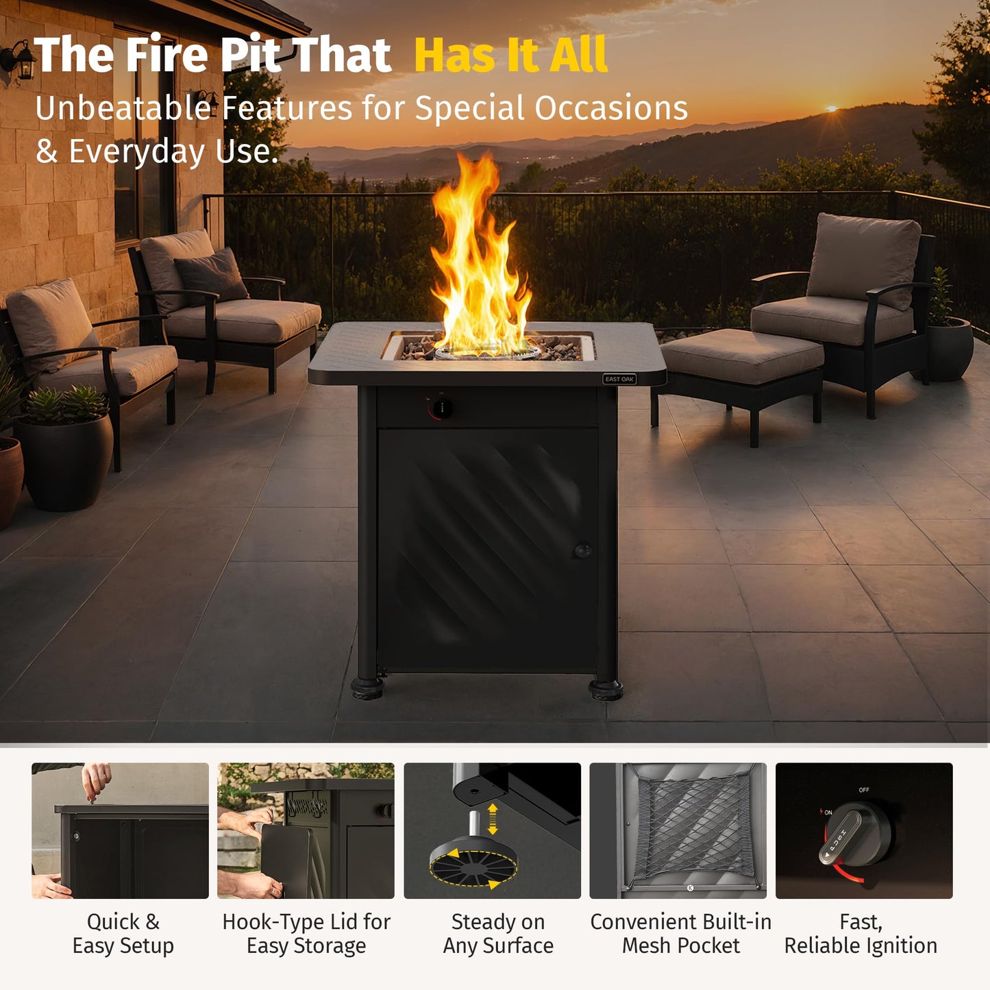 East Oak 28โ Outdoor Propane Fire Pit Table | 52,000 BTU Gas Fire Pit for 2-4 People with Space-Saving Hock Lid, Mesh Pocket & Lava Rocks | CSA Certified Safe for Patio, Deck, Backyard, Black