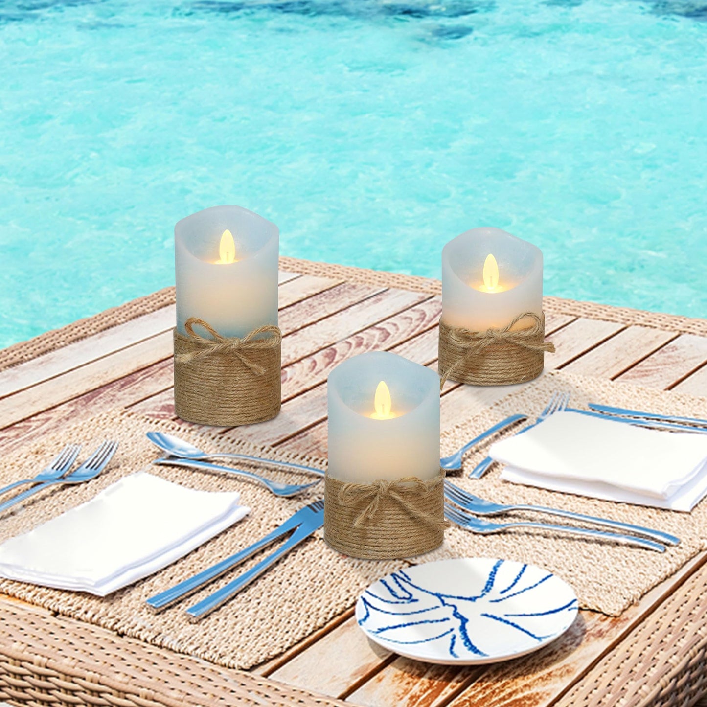 Silverstro Nautical Decor Ocean Blue Flameless Candles with Remote - Home Farmhouse Easter Spring Decorations - Set of 3 (D3.11 X H4 5" 6")