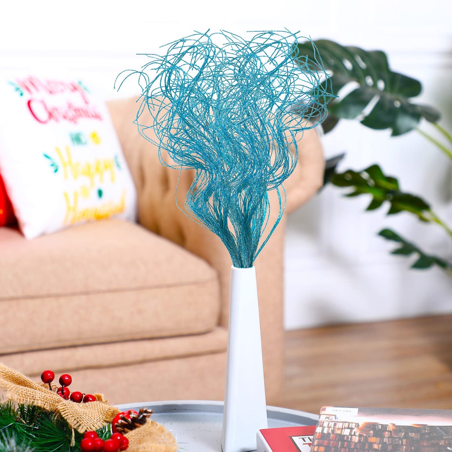 Glitter Curly Ting Ting Branches Christmas Branches Vase Filler Artificial Curly Twigs for Christmas Tree Garland Wreath Decoration, Craft Vases Home Garden Decoration (Blue, 36 Pieces)