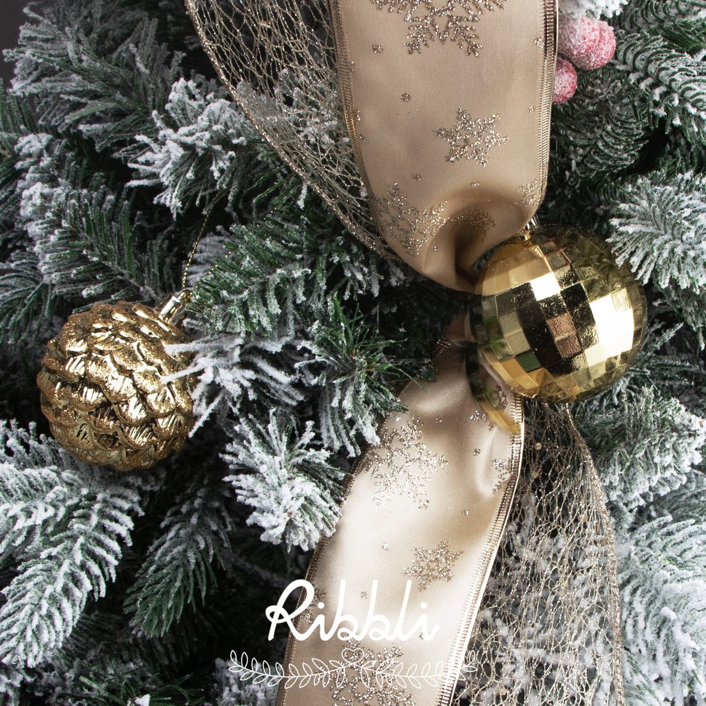 Ribbli Gold Glitter Christmas Ribbon - Wired, for Tree, Crafts, Gift Wrapping - 2.5 Inch x 6 Rolls, 36 Yards Total