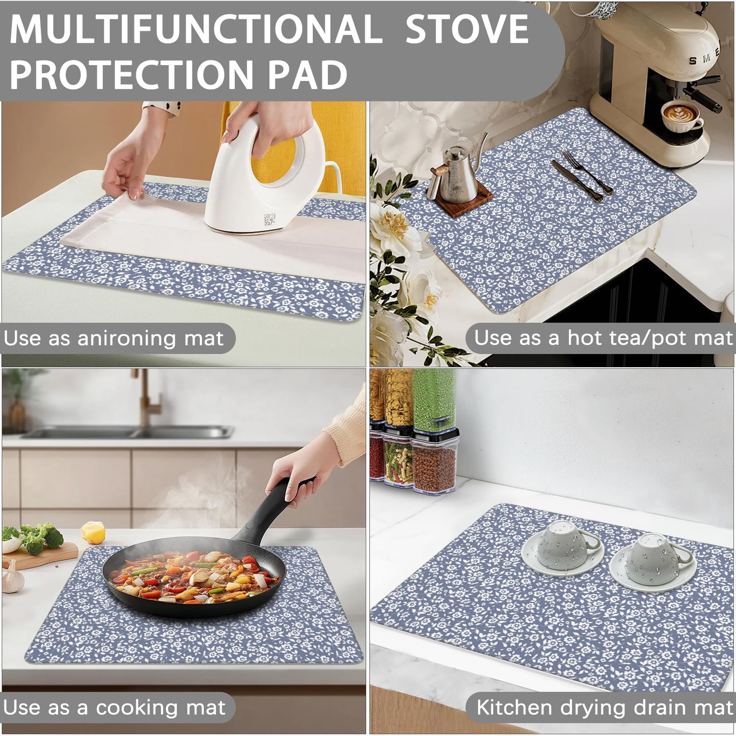 Stove Top Covers,Light Blue Flower Rubber Flat RV Range Stovetop Protector,Prevents Scratching, Expands Usable Space 28.5'' x 20.5''