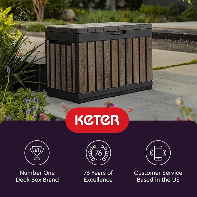 Keter Signature Everwood 50 Gallon Resin Deck Box for Outdoor Storage – Weather‑Resistant Balcony & Patio Box for Cushions, Throw Pillows & Garden Tools, Walnut