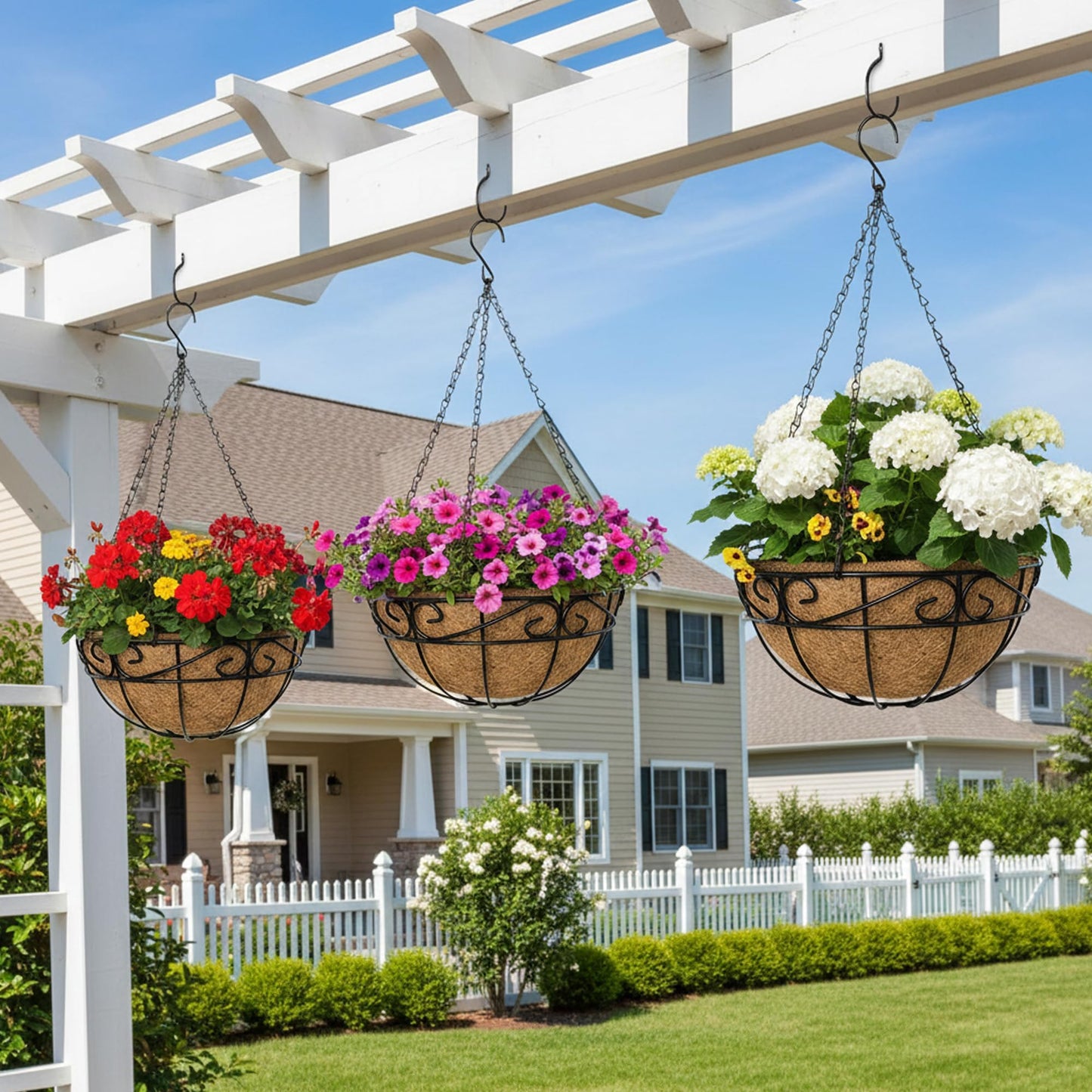 EIMQUVW Outdoor Metal Hanging Planters Basket (2pack, 12 inch) Hanging Baskets for Plants Chain Round Wire Plant Holder with Coco Fiber Liners for Garden, Patio, Deck, Porch(Flower Border)
