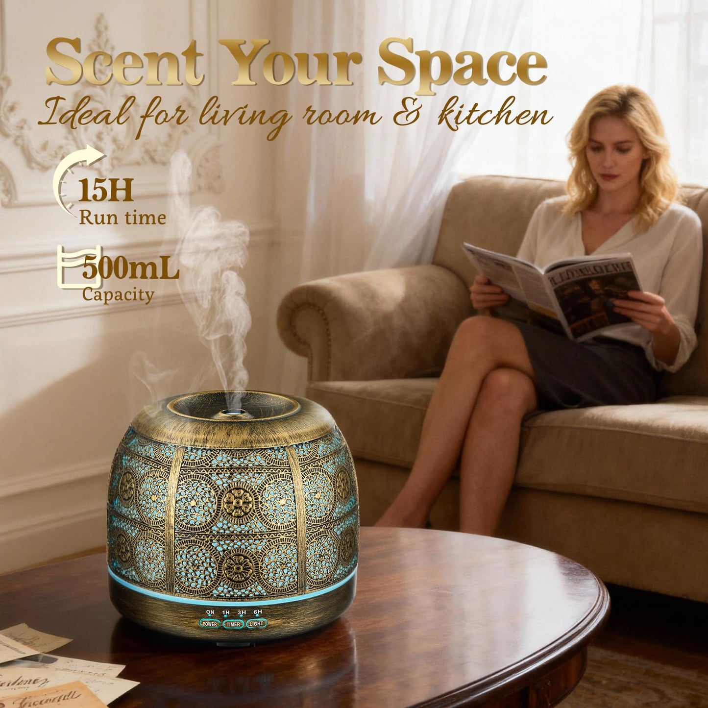 ARVIDSSON Essential Oil Diffuser 500ml, Aromatherapy Diffuser for Home, Ultrasonic Diffusers for Essential Oils, Metal Oil Diffuser with 7 Color LED Lights, Mist Timer and Auto Shut-Off Function
