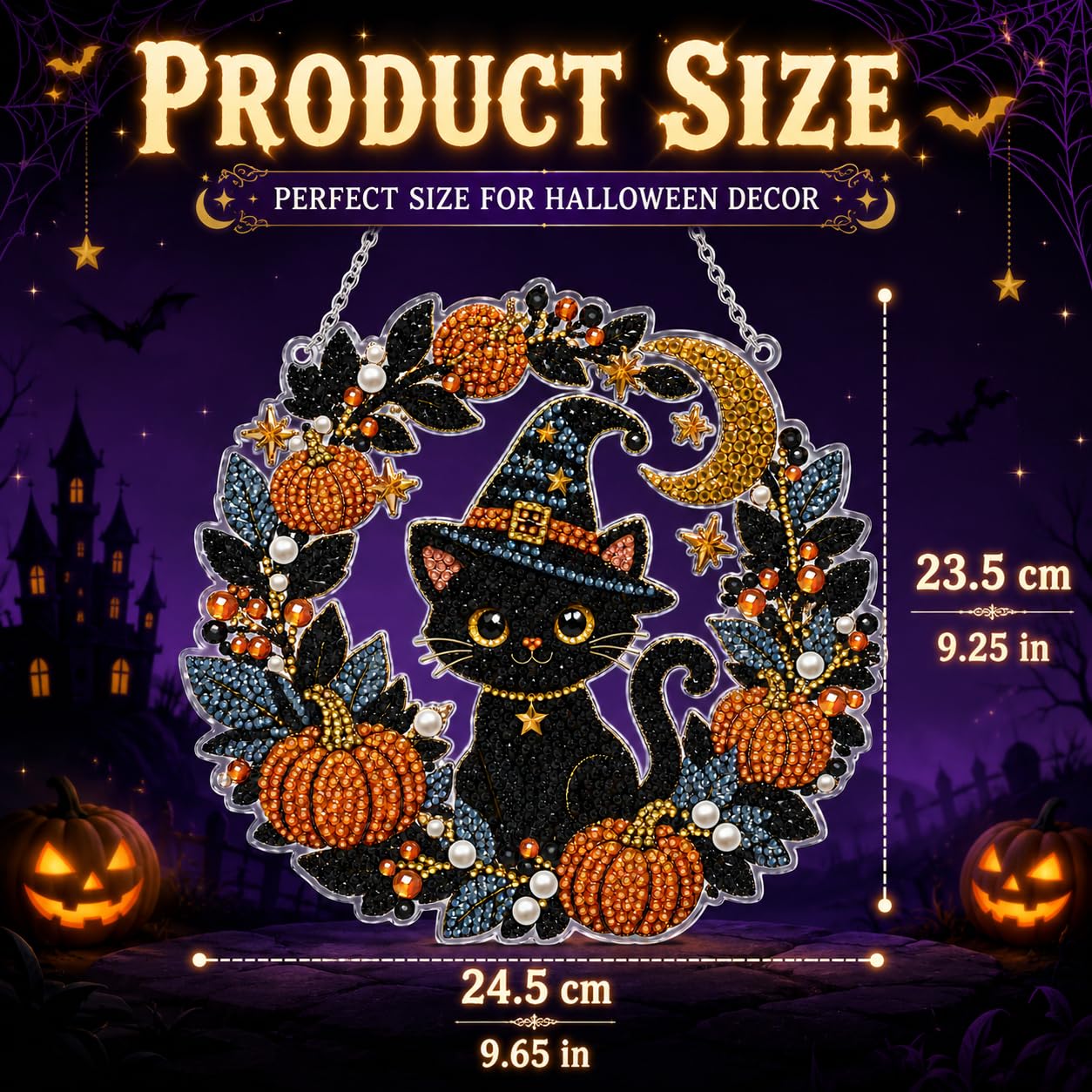DIY Diamond Art Painting Wreath Kits,Special Shaped Rhinestone Hanging Ornament Diamond Art Window Pendants for Gift Home Garden Wall Hanging Kits,Double Sided (Halloween Black Cat)