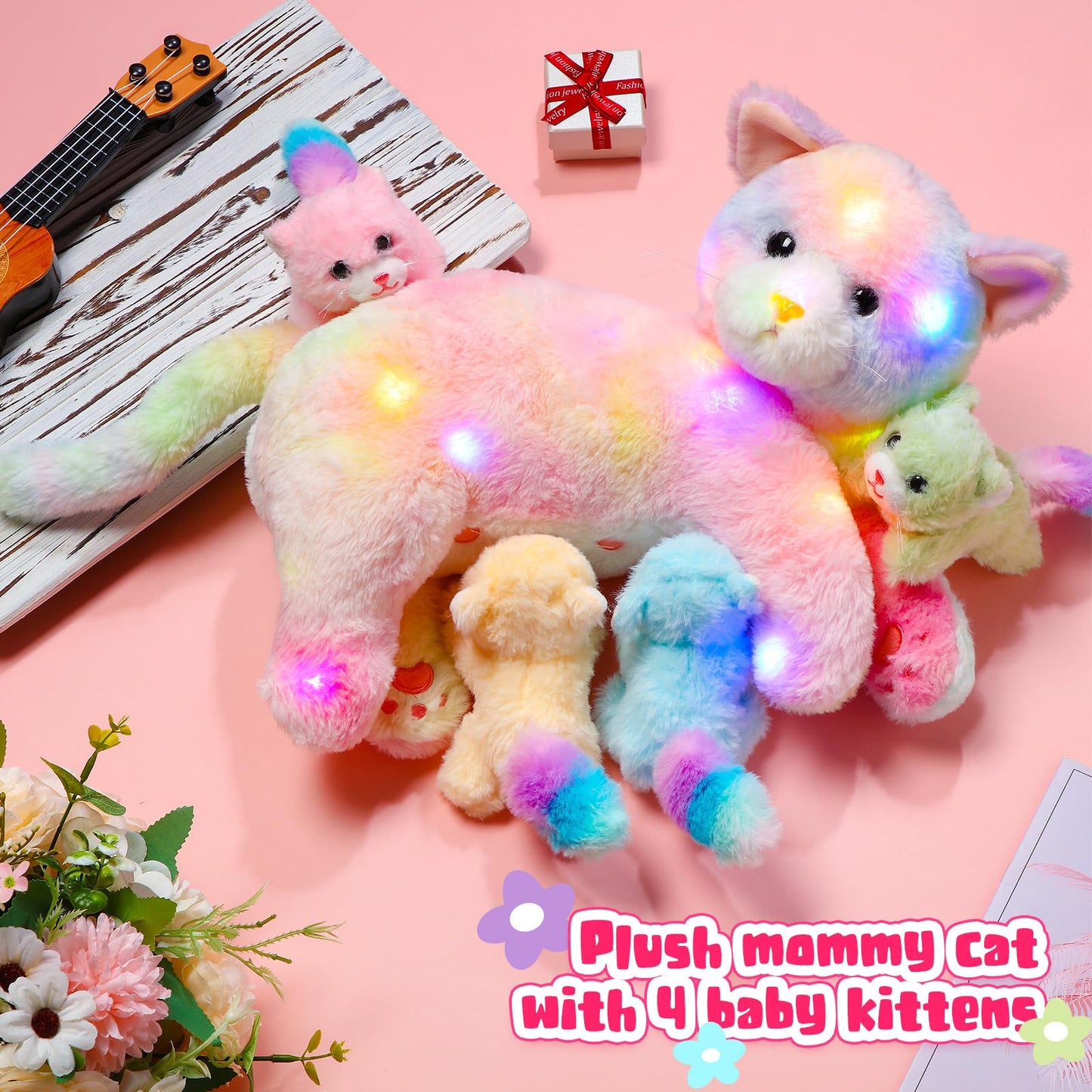 Skylety Nurturing Cat Stuffed Animal with 4 Plush Kittens, Cat Baby Stuffed for Girls Boys Plushy Mommy Kitty with Baby Kittens for Christmas Birthday Party Favors Gifts(LED Style)