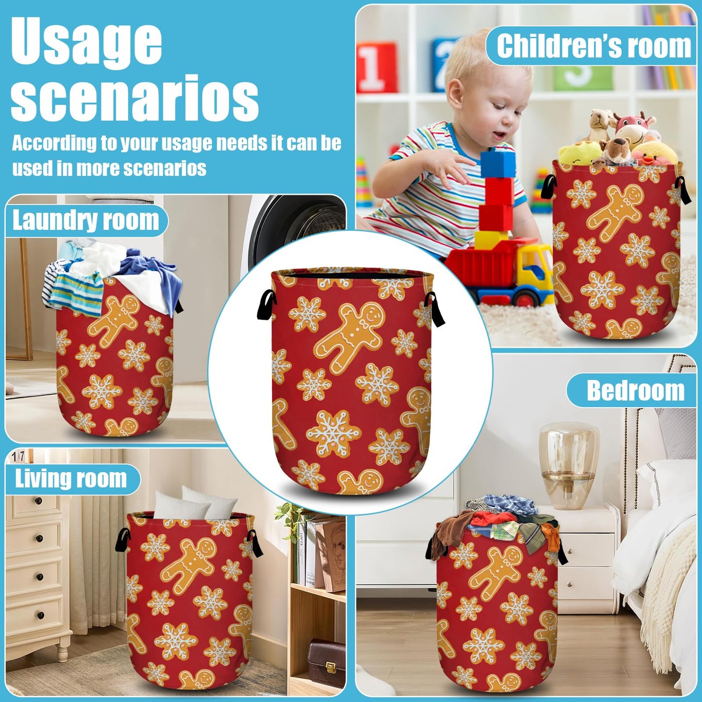Red Gingersnap Laundry Basket, Christmas Laundry Hamper Collapsible Oxford Cloth with Handle Clothes Storage Bin for Bathroom Laundry Room Bedroom 15.7 X 20 Inch