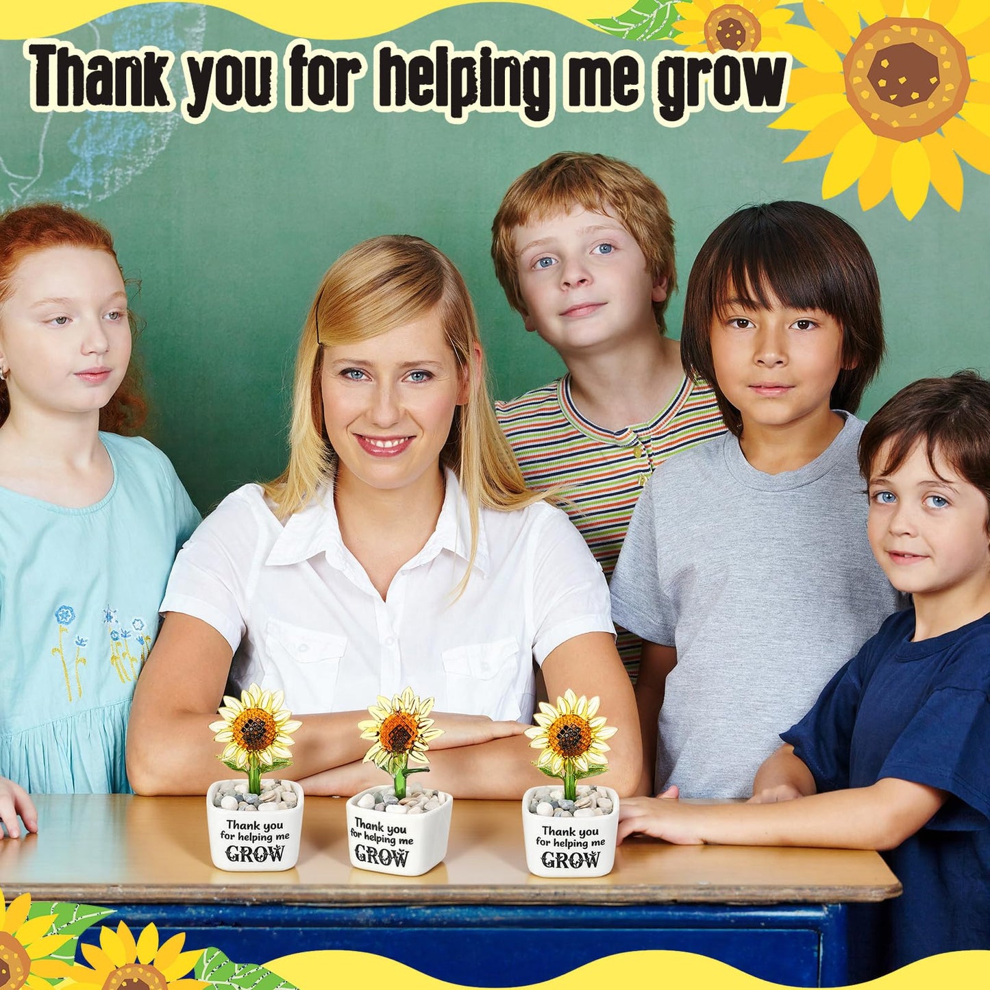 Remerry 3 Pcs Teacher Appreciation Week Gift End of Year Glass Pot Thank You for Helping Me Grow Figurine Glass Sunflower Figurine Bulk Inspirational Plant Pot for Teacher Table Decor