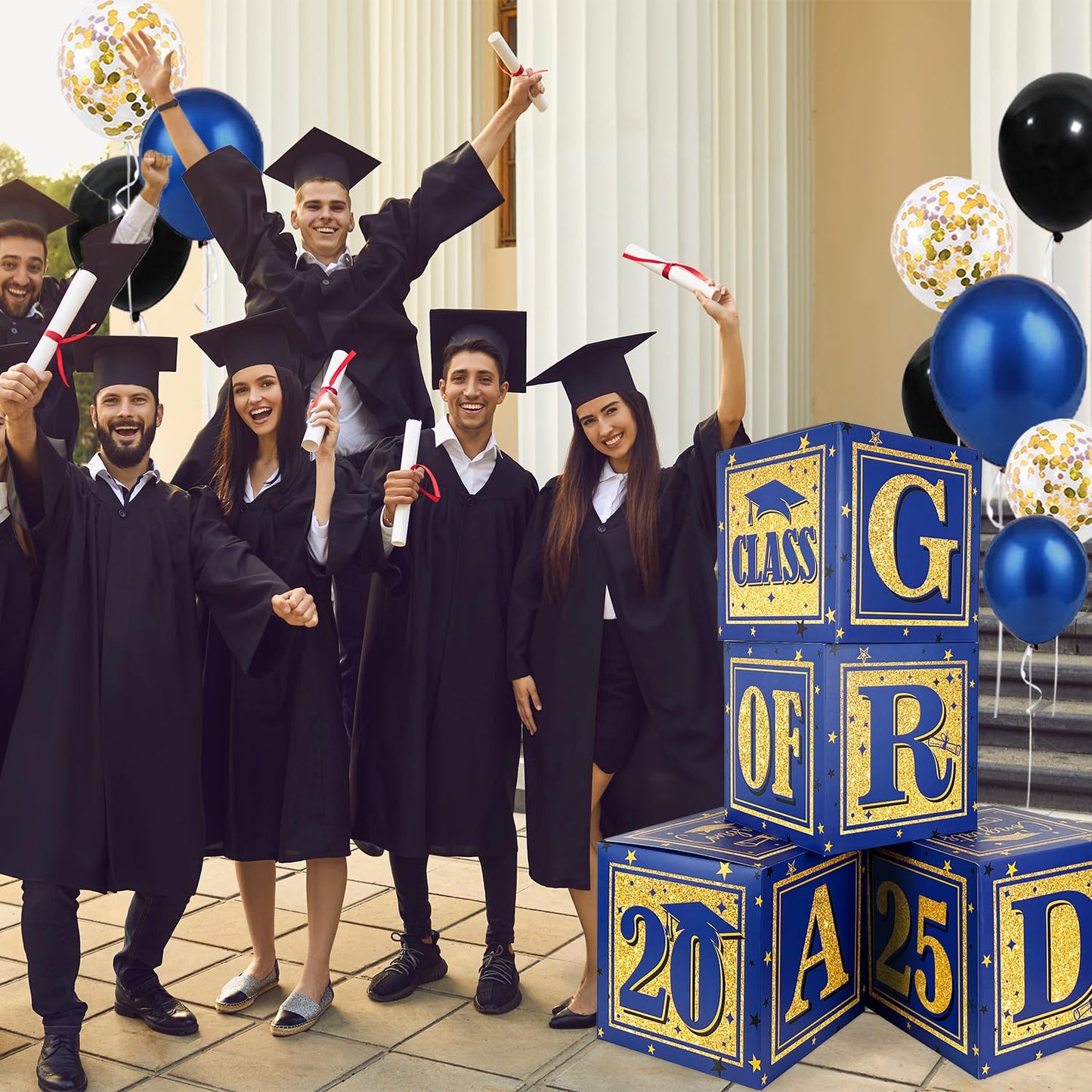 2025 Graduation Decorations Blue Class of 2025 Decorations Royal Blue and Gold Balloon Boxes with "GRAD" and"CLASS OF 2025" Letters Graduation Boxs for High School and College Grad Announcements