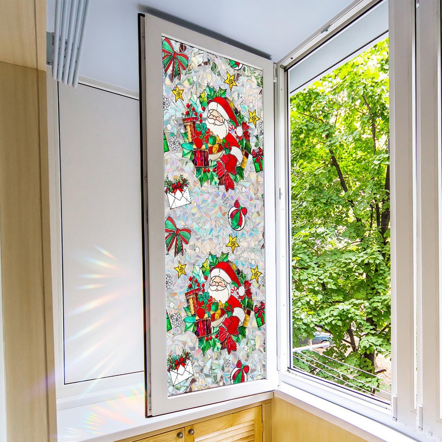 Christmas Window Stickers for Glass Rainbow Privacy Film Stained Stickers Santa Claus Window Film Christmas Balls Design Windows Decals for Home Party Supplies Glass Display Decor 17x 39.3 Inch