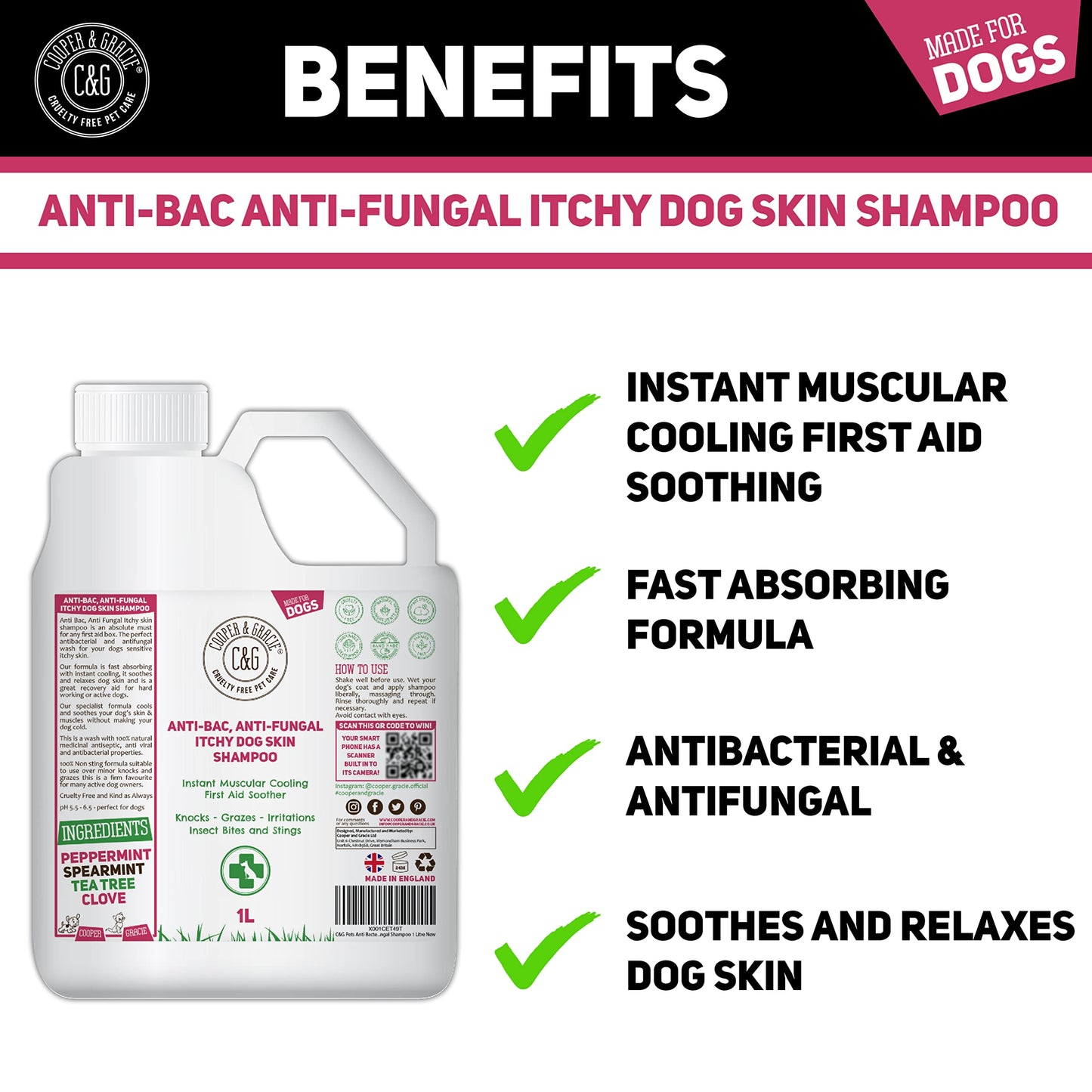 Dog Shampoo For Itchy Skin Antibacterial And Antifungal | Natural Medicated Low Lather Safe Formula | Fast Absorbing and Skin Cooling First Aid | Great For Cuts Grazes Skin Irritation