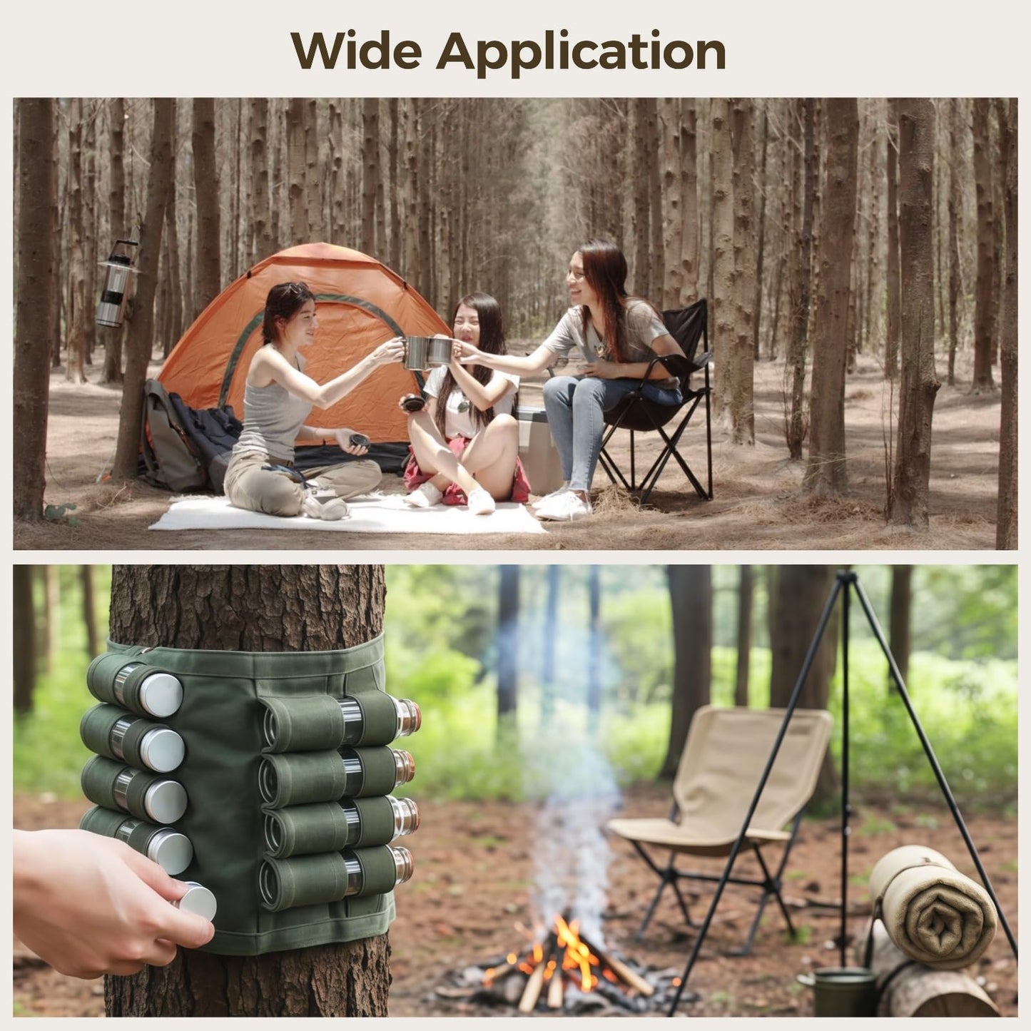 Calolin Camping Spice Kit, Portable Spice Bag for Travel, Including 9 Glass Seasoning Containers, Wear-Resistant Waxed Canvas, Foldable Design, Suitable for Outdoor Cooking