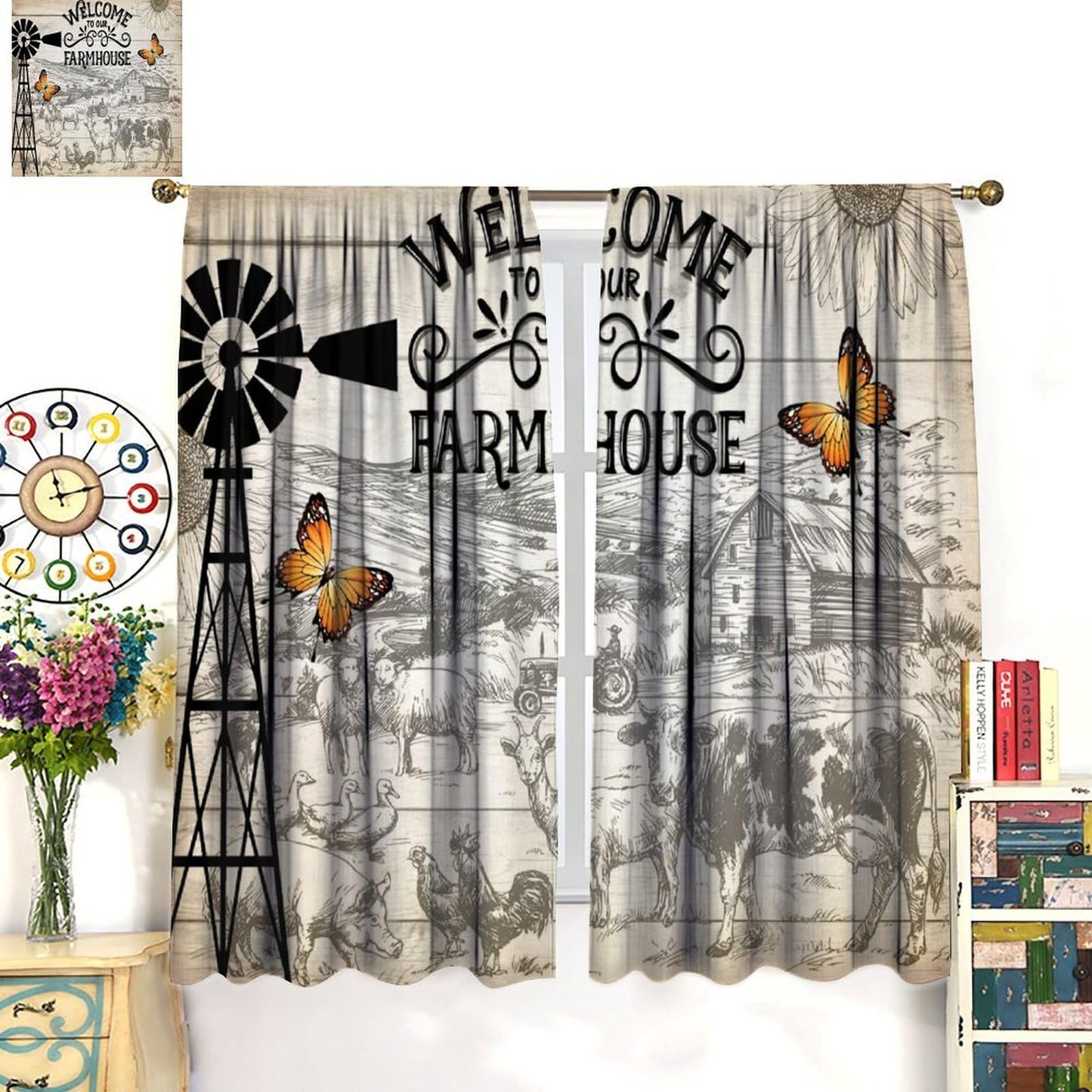 FAOTELY Rustic Farmhouse Curtain Retro Wooden Windmill Straw Bale Cattle Butterfly Animals Pattern Window Drapes for Living Room Bedroom Kitchen Cafe (W20xL45 Inch) x2 Decor