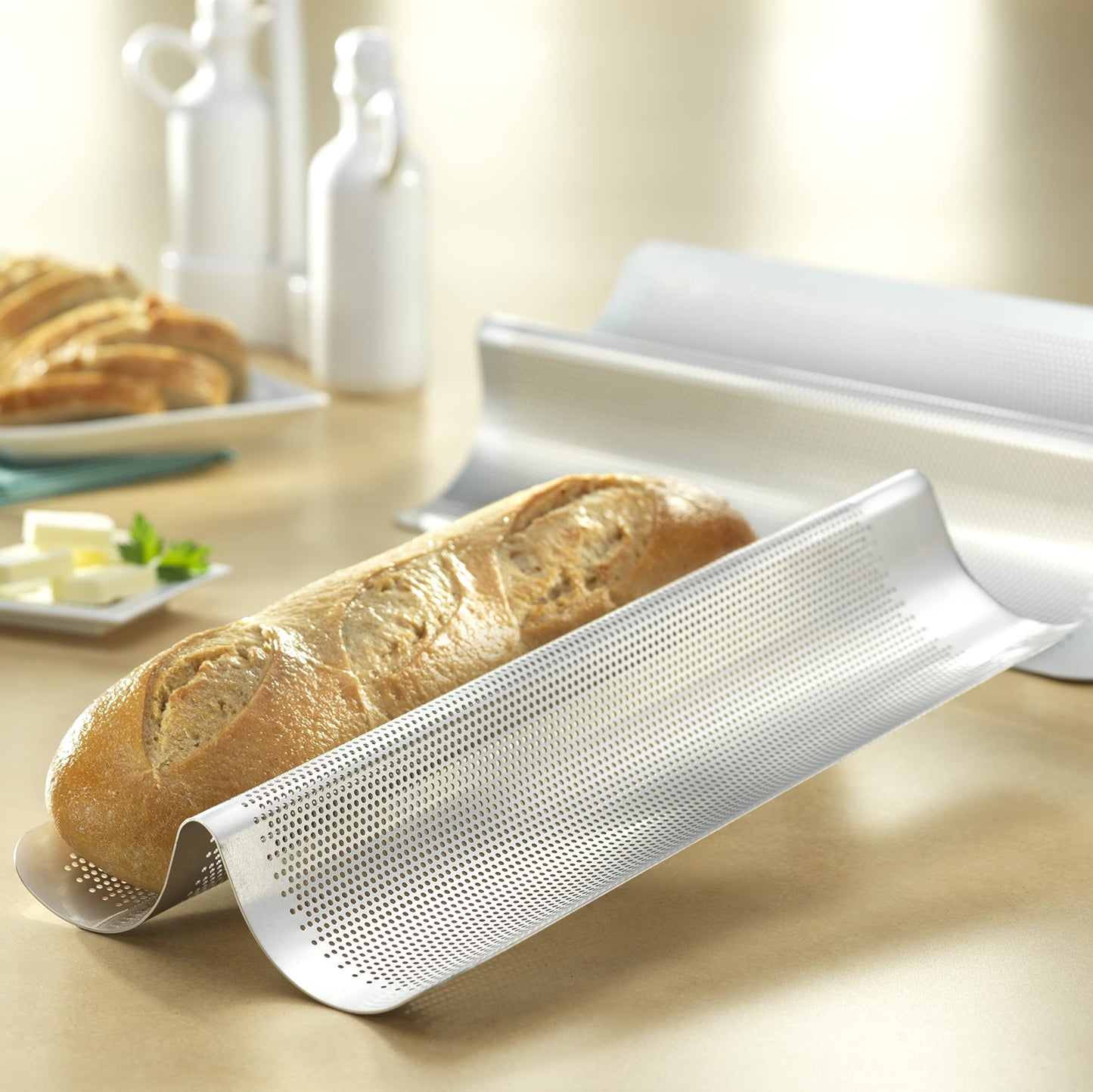 USA Pan Aluminum Nonstick Perforated Italian Loaf Pan, 2-Well