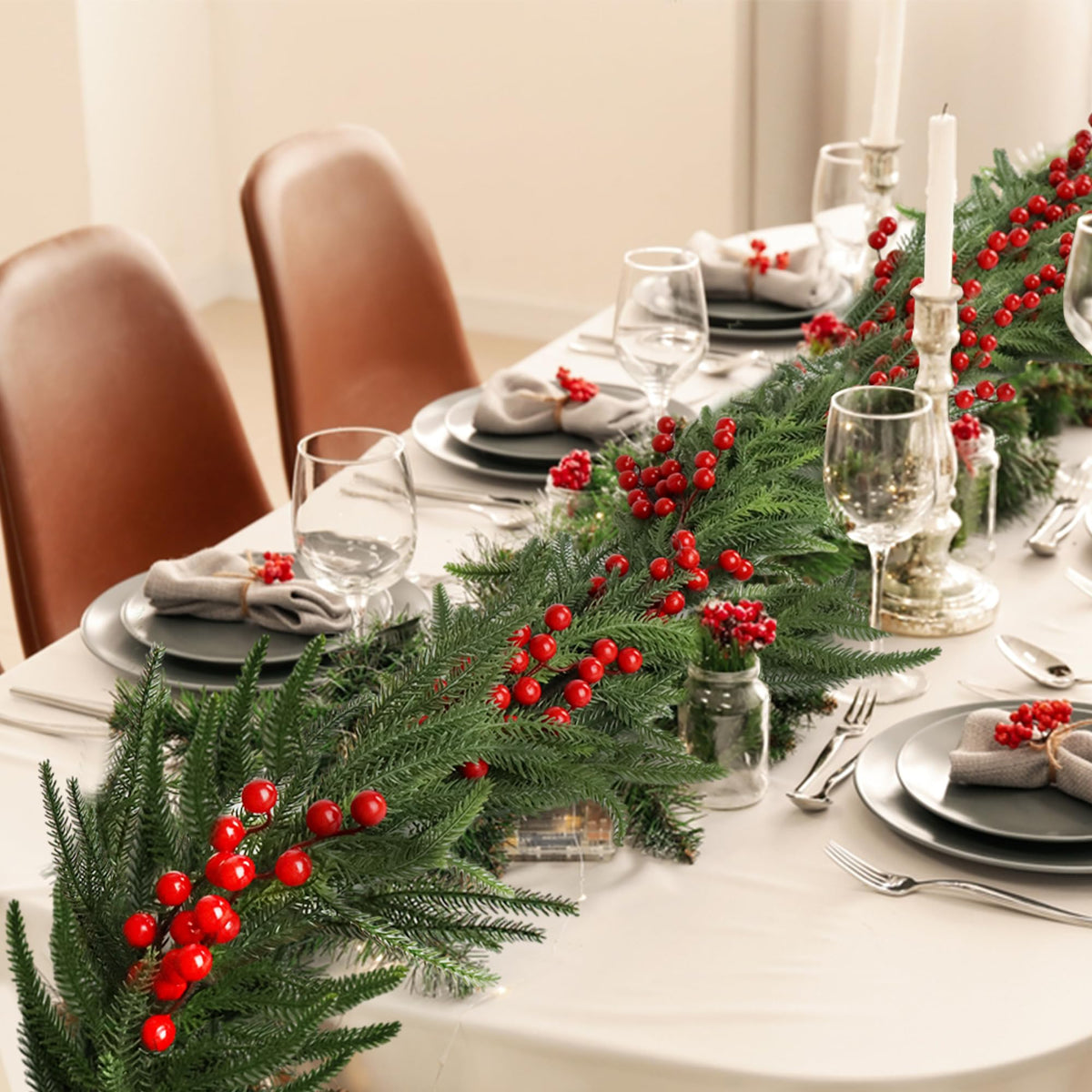 Christmas Norfolk Pine Garland 2PCS 9FT,Real Touch Faux Winter Greenery Garland with Light for Stairs Table Fireplace Backdrop Wall,Christmas Holiday Seasonal Winter Decor