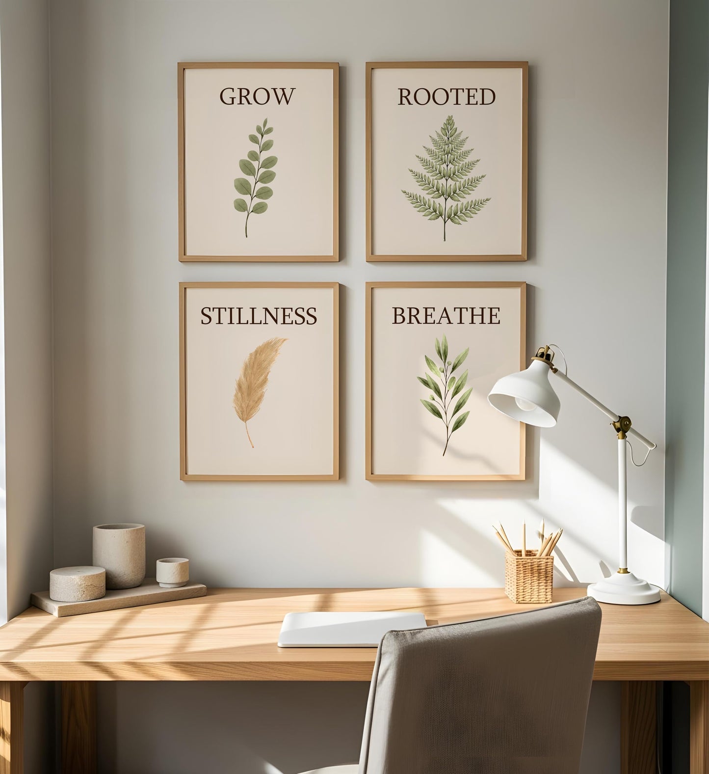 AMERICAN LUXURY GIFTS Breathe Grow Stillness Rooted Botanical Prints - Minimalist Typography Zen Wall Decor for Bedroom Bathroom Office - Set of 4, 8x10 Unframed Prints