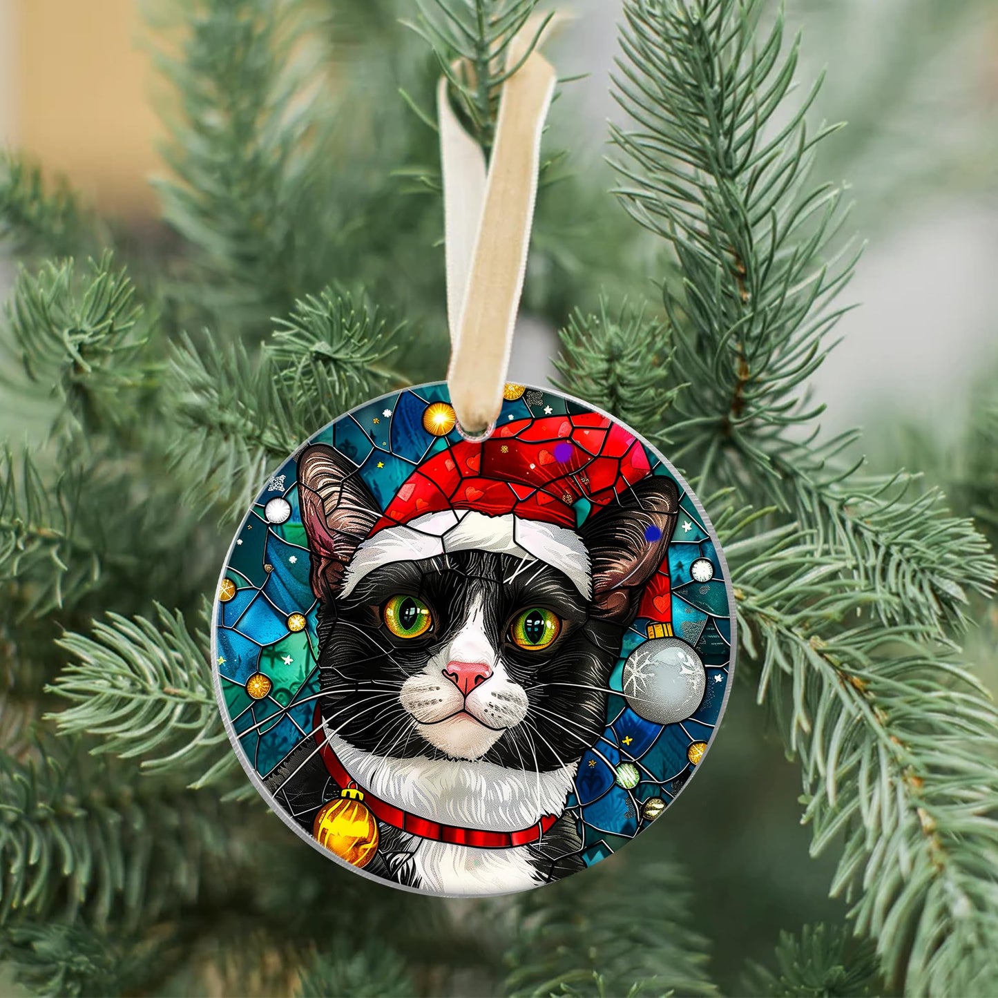 Fastpeace Tuxedo Cat Christmas Ornament with Santa Hat β Stained Glass Style Tree Decoration β Cute Hanging Gift for Cat Lovers, Friends, and Family
