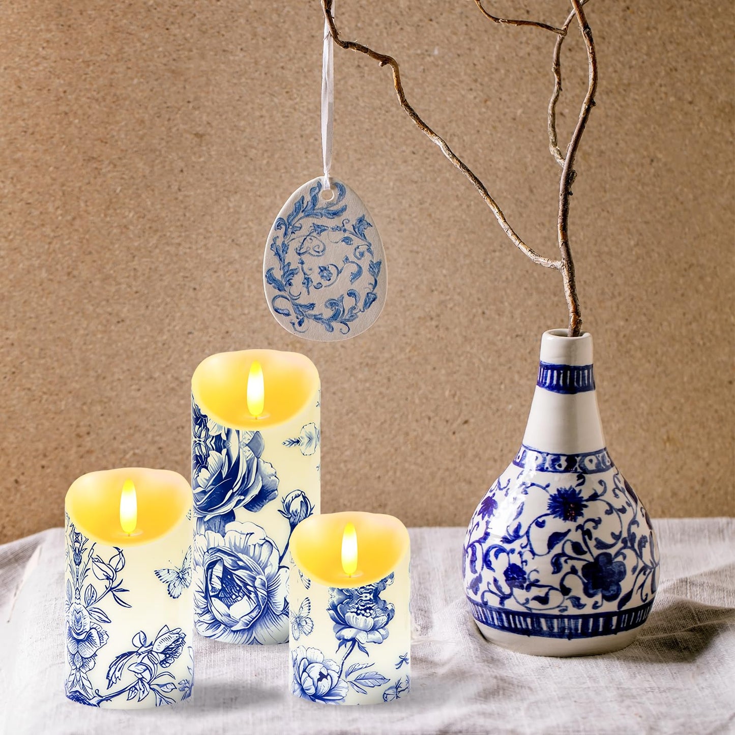 Ouvibor 3 Pcs Blue and White Flameless Candles Wedding Table Centerpiece Chinoiserie Candles Blue White Floral Printed Faux Candles with Remote Timer for Wedding Home Holiday Table Decor