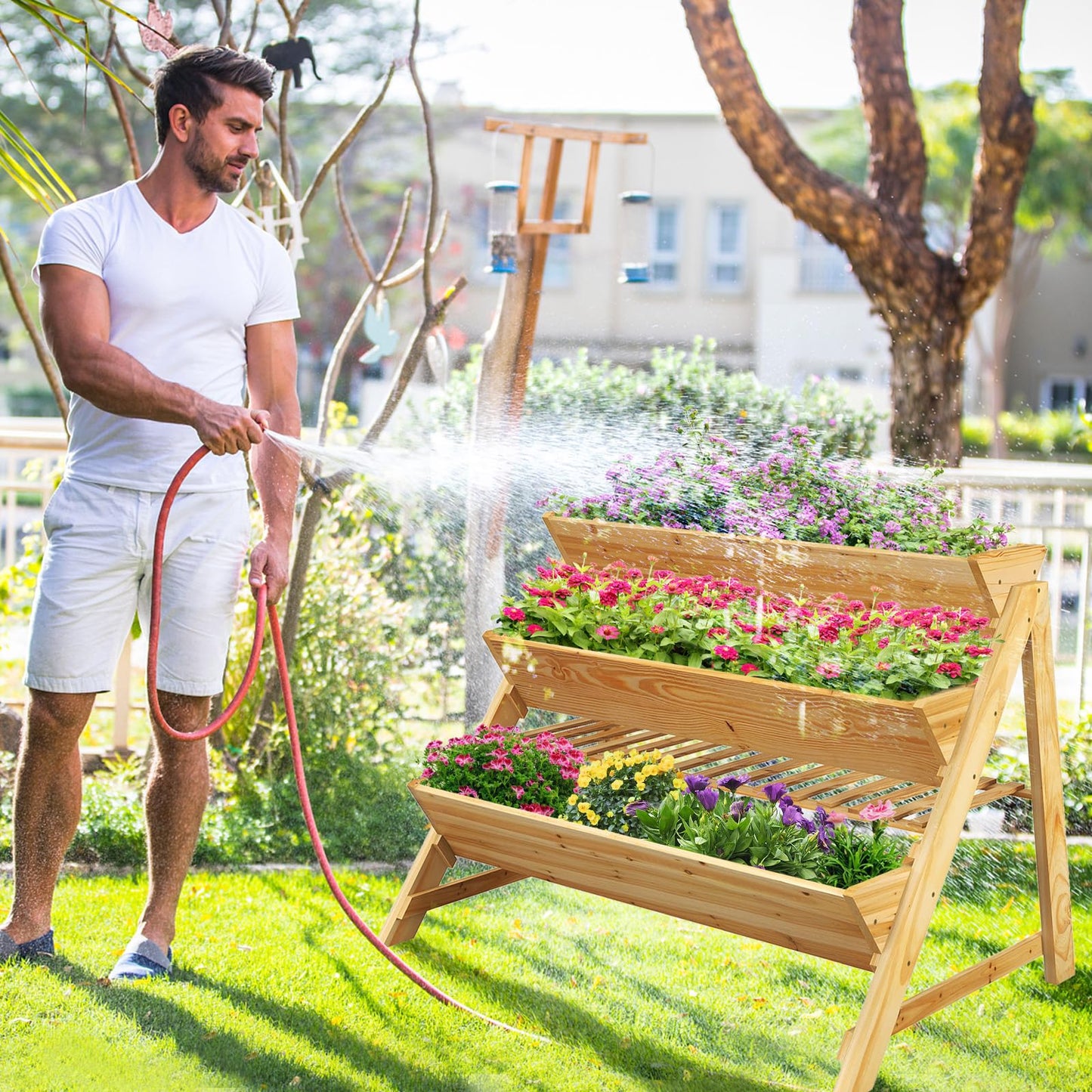 HOMGX 3-Tier Vertical Garden Bed, Wooden Tiered Planter Raised Bed with Legs & Storage Shelf for Flowers Herbs Vegetables, Freestanding Outdoor Plant Box Stand for Patio, Balcony