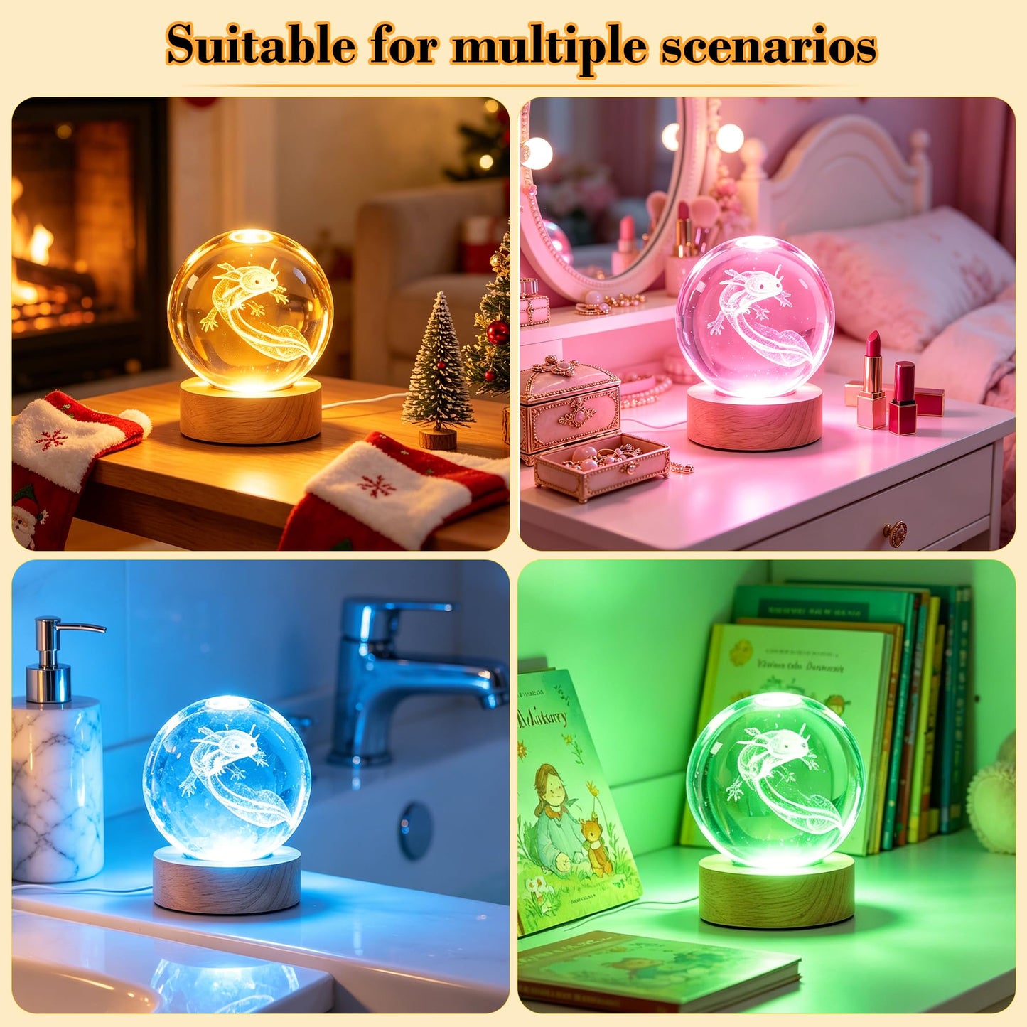 Ddlisu Axolotl Night Light, 3.15 inch 3D K9 Crystal Ball Lamp, 16 Colors Change, Wooden Base, Axolotl Lamp with Remote Control, Birthday Holiday Gifts for Boys Girls Friends