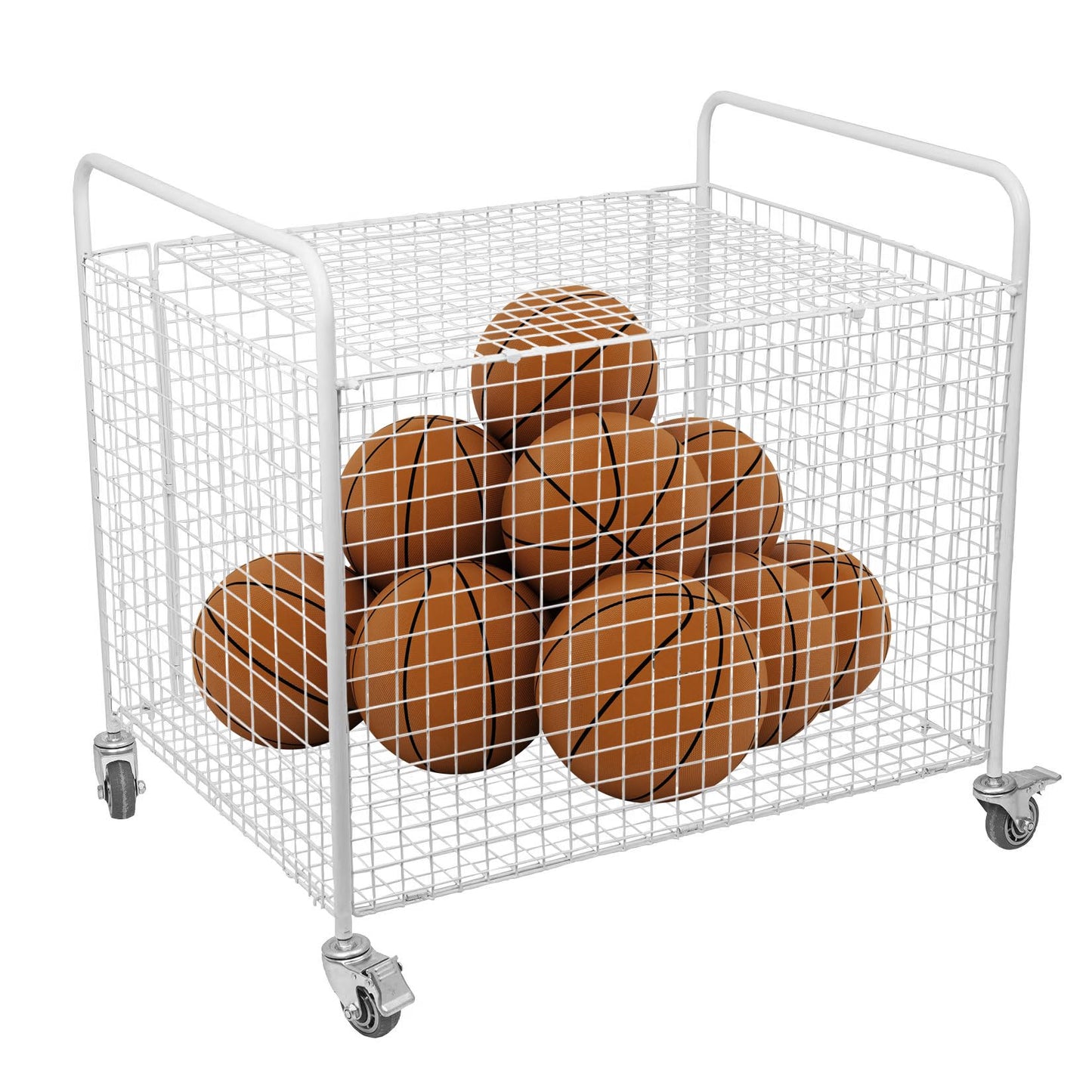 ExoLiry Metal Basketball Rolling Cart Sports Equipment Storage Wheel Basket White Athletic Portable Lockable Cage Raised Handle Gym Home Garage School Court Field Football Soccer Ball Volleyball Bat