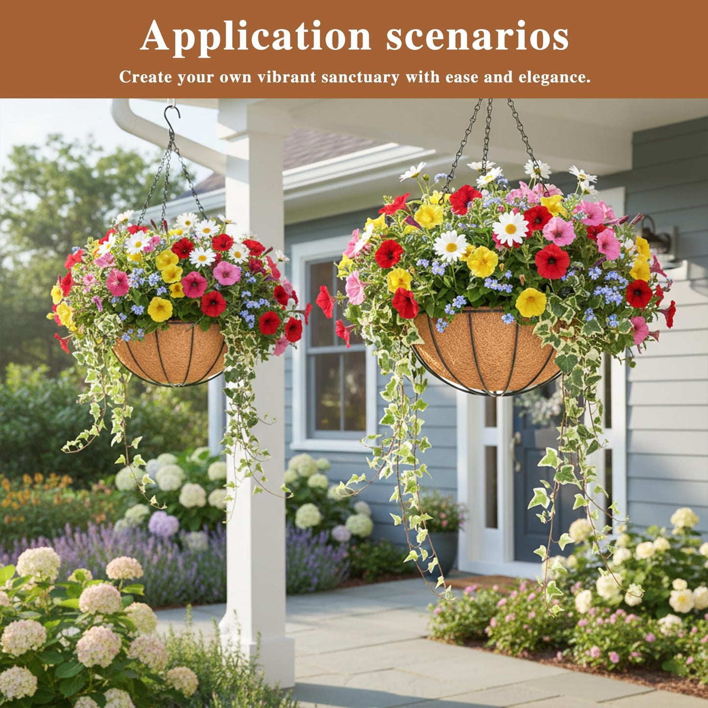 4 Pack Hanging Planter for Outdoor Plants 16 inch Metal Hanging Flower Basket with Coco Coir Liner Round Wire Plant Holder Chain Flower Pots Outdoor Garden Decoration Watering Hanging Baskets(XG)