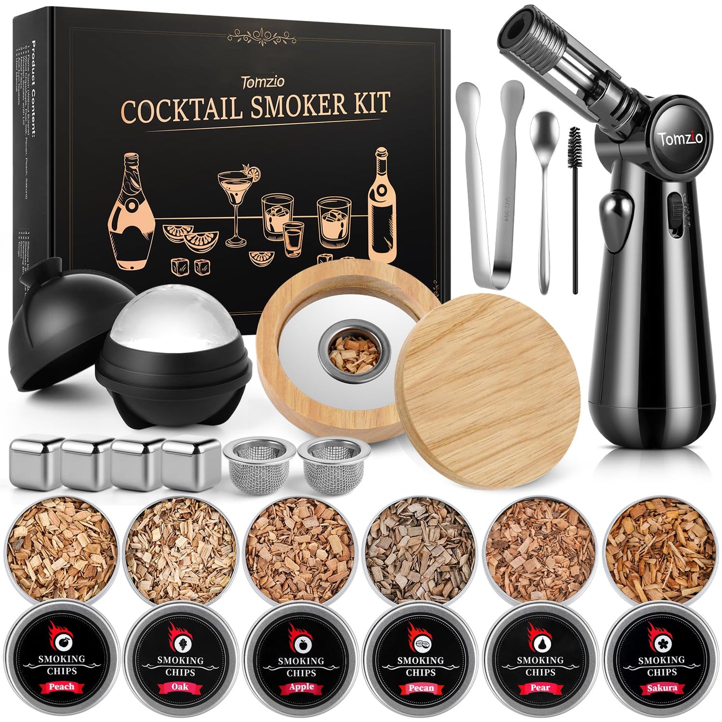 20PCS Whiskey Smoker Kit with Angle-Adjustable Metal Torch (No Butane) – 6 Flavors Natural Wood Chips, Anti-Burn Old Fashioned Cocktail Smoker Infuser Kit – Birthday Bourbon Gift for Men, Dad, Husband