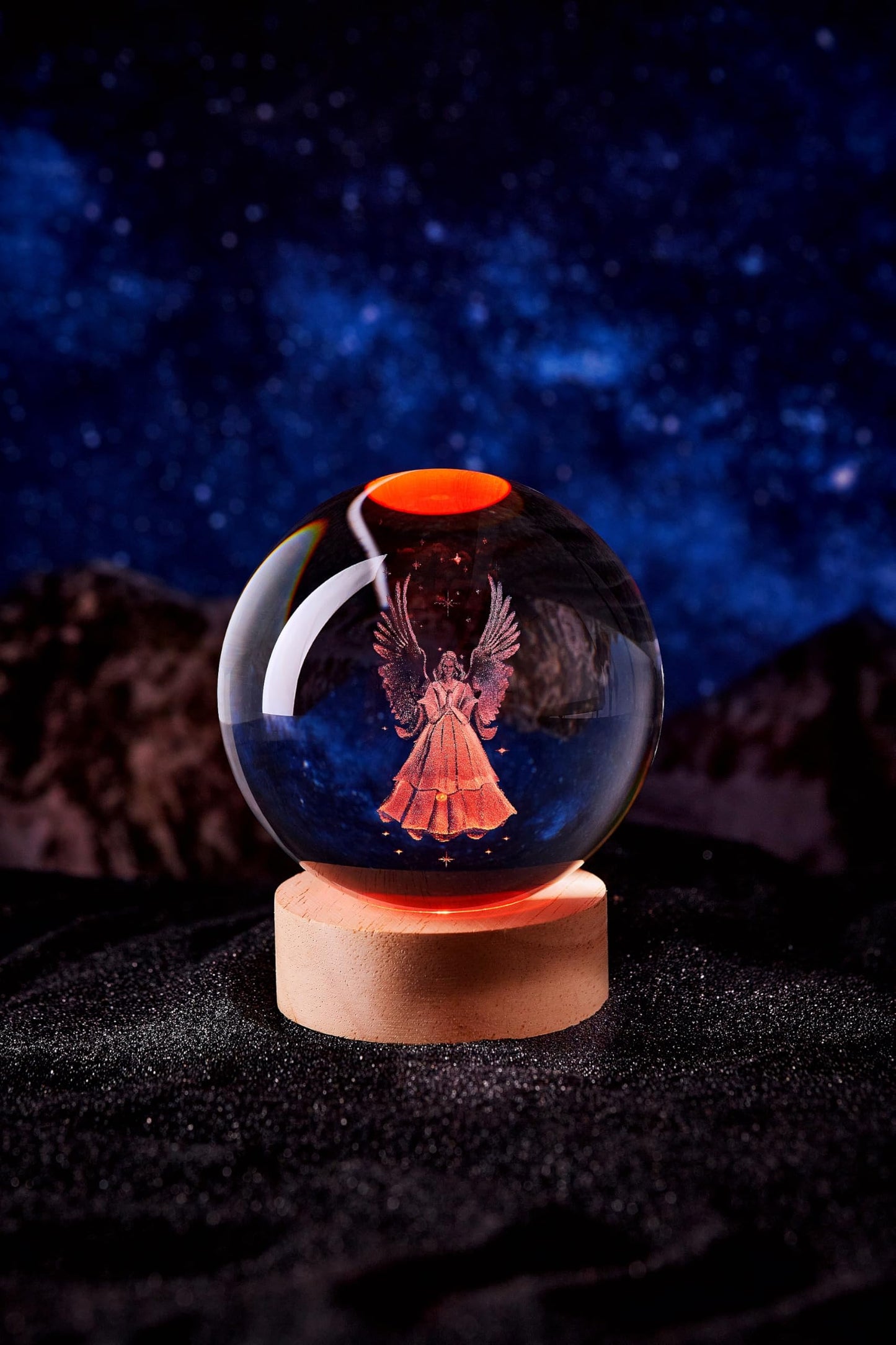 LMLOBEP Large Angel Crystal Ball Night Light with Woodern Base, 3D Crystal Lamp 16 Color Changing with Remote Control, Laser Engraved Glass Ball Lamp, Room Decor (Angel)